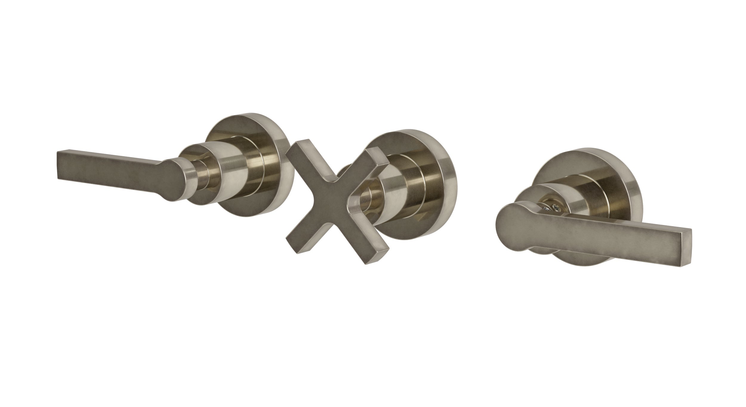 Flatiron Three Handle Wall Mount Bath Trim with Linear Cross/Linear Lever Handles in French Nickel