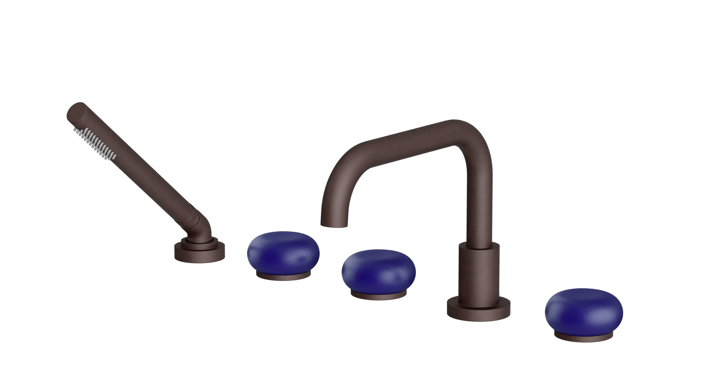 Foundry Three Handle Deck Mount Squaretop Bath Trim with Hand Shower and Pebble Ceramic Knob Handles in Architectural Copper
