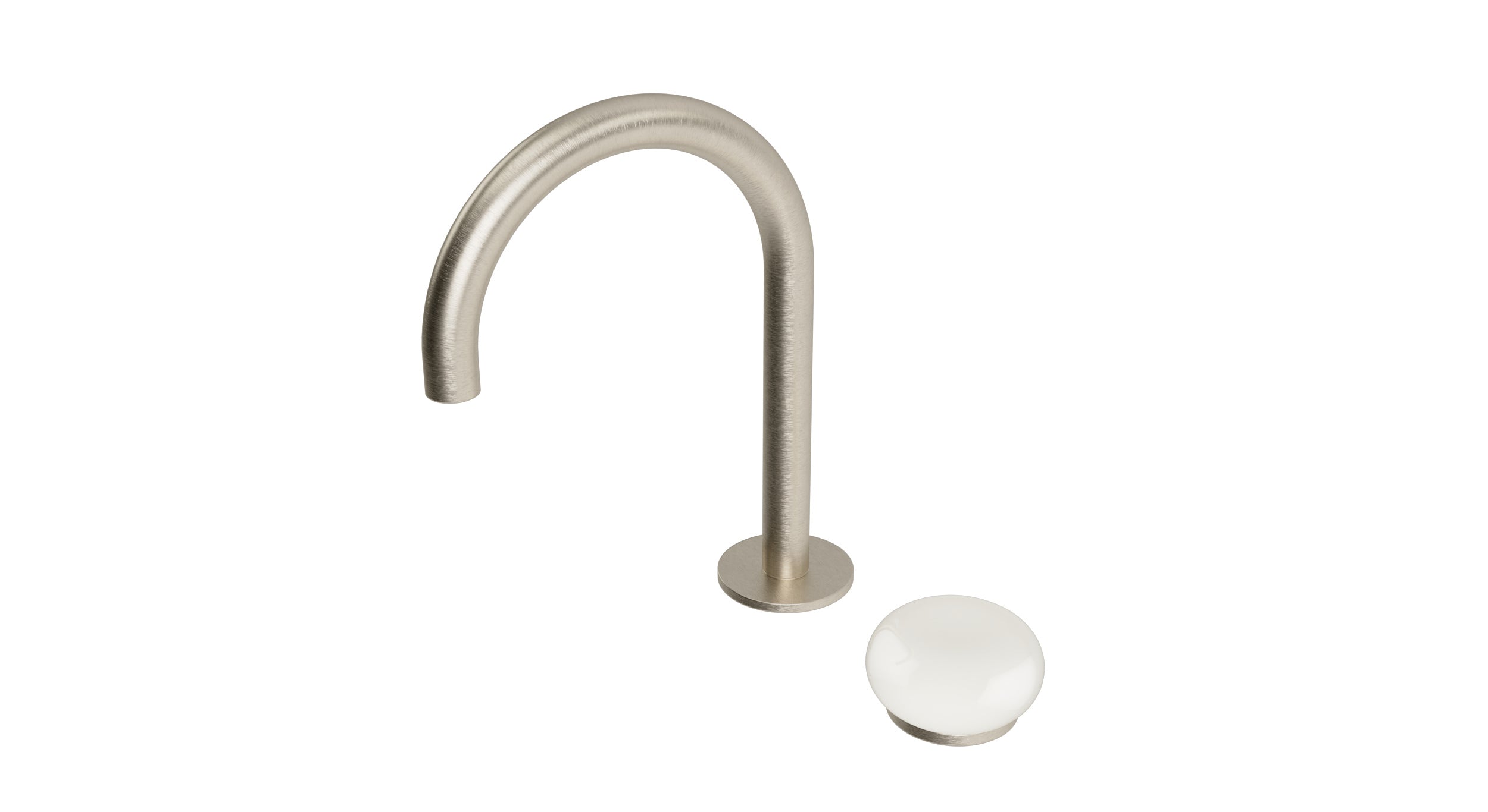 Foundry One Handle Deck Mount Gooseneck Lavatory Faucet with Pebble Ceramic Knob Handle in Satin Nickel