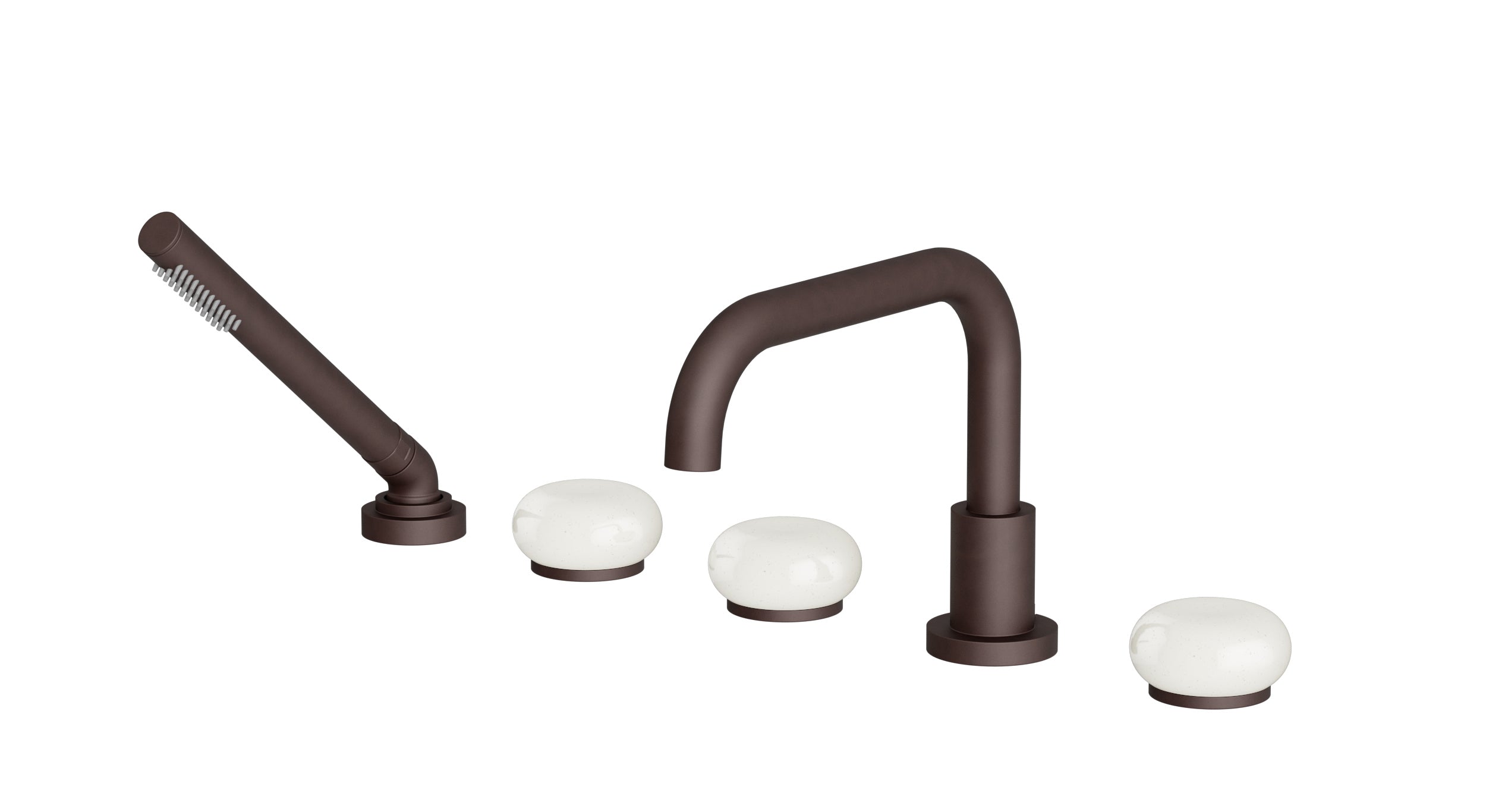 Foundry Three Handle Deck Mount Squaretop Bath Trim with Hand Shower and Pebble Ceramic Knob Handles in Architectural Copper