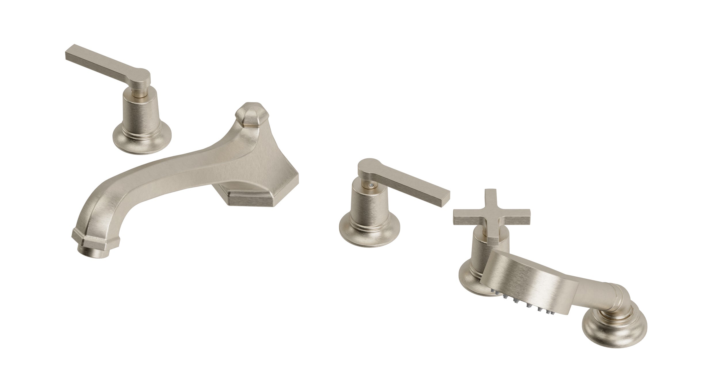 Emerson Three Handle Deck Mount Low Hexagon Bath Trim with Hand Shower and Classic Cross/Classic Lever Handles in Satin Nickel