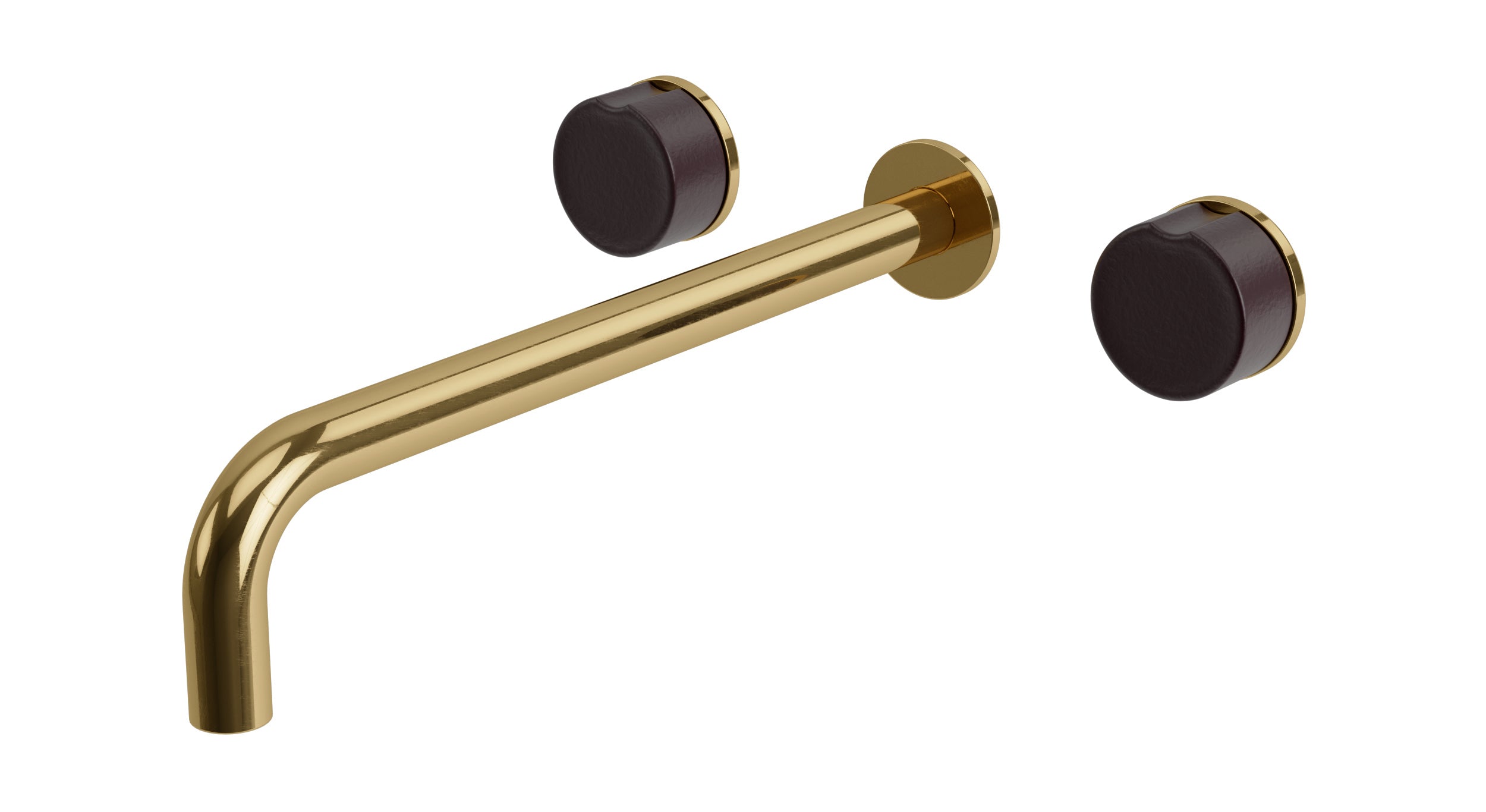 Foundry Two Handle Wall Mount 12" Lavatory Faucet with Groove Ceramic Knob Handles in Uncoated Polished Brass