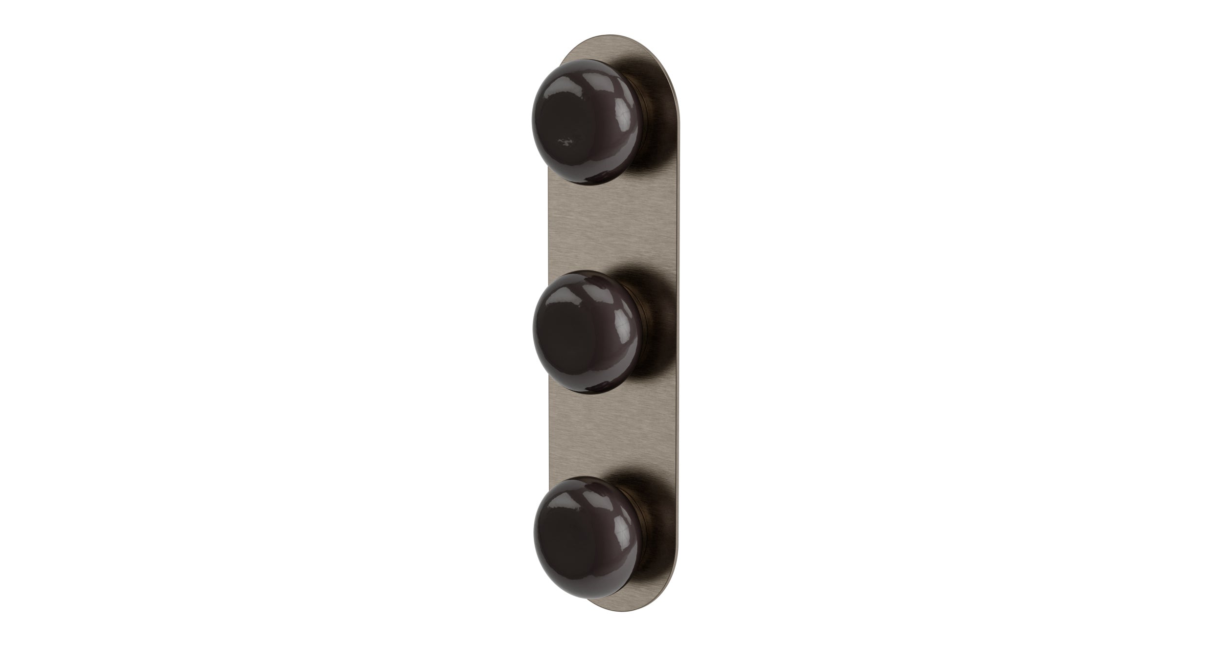Foundry Three Handle Wall Mount Shower Trim with Pebble Ceramic Knob Handles in Antique Nickel