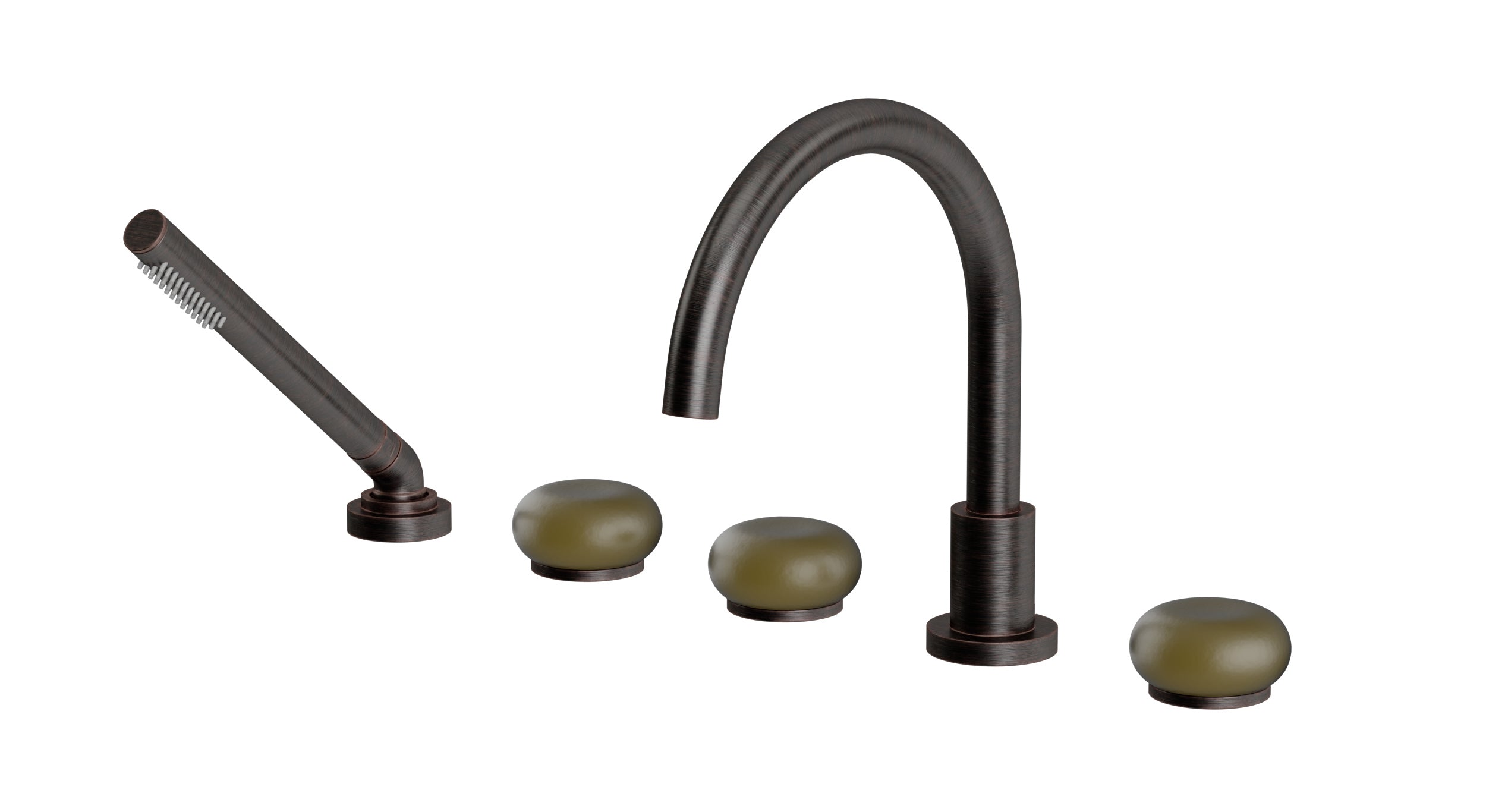 Foundry Three Handle Deck Mount Gooseneck Bath Trim with Hand Shower and Pebble Ceramic Knob Handles in Antique Bronze