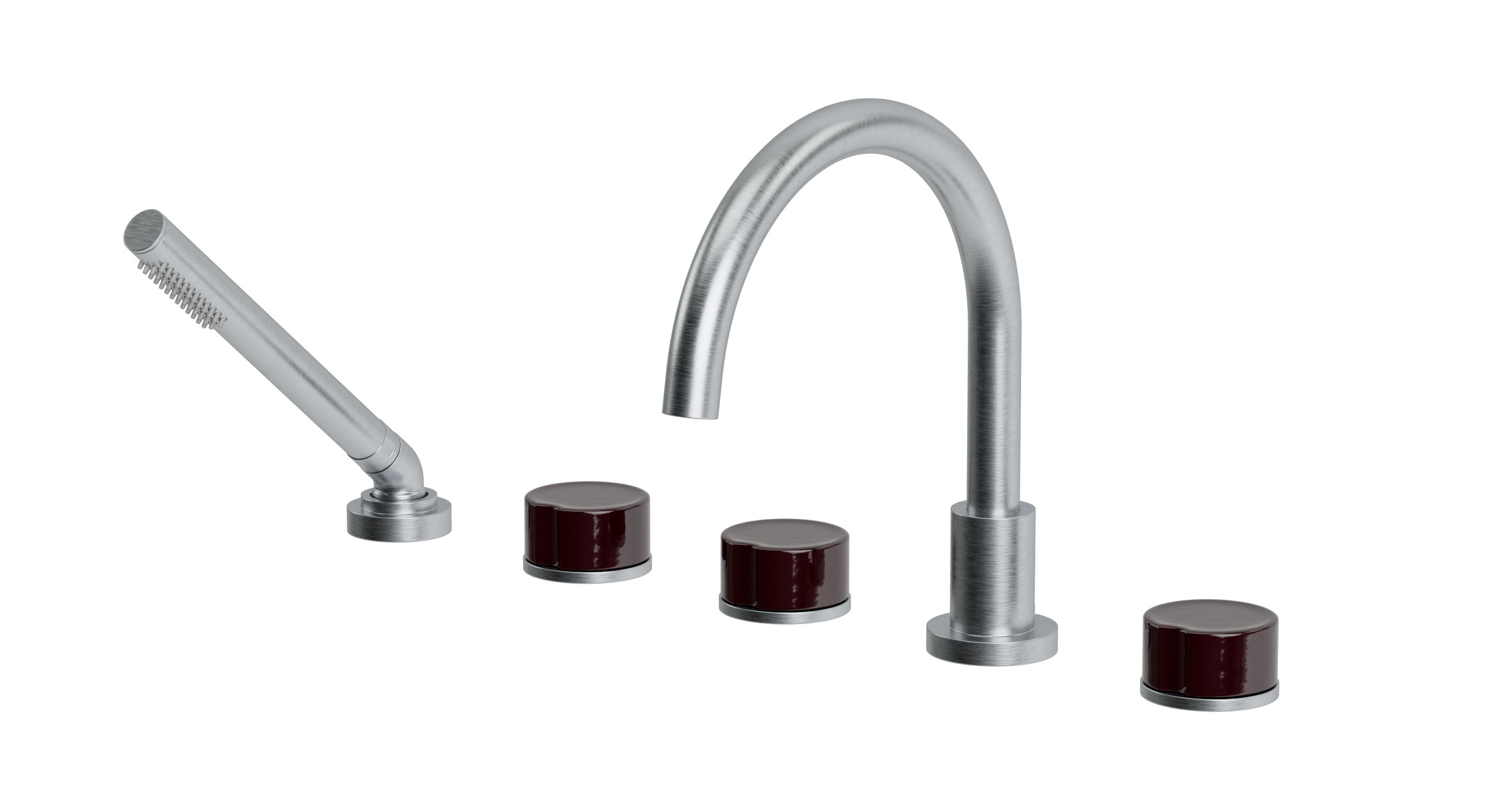 Foundry Three Handle Deck Mount Gooseneck Bath Trim with Hand Shower and Groove Ceramic Knob Handles in Satin Chrome