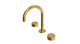 Foundry Two Handle Deck Mount Gooseneck Lavatory Faucet with Barrel Knob Handles in French Brass