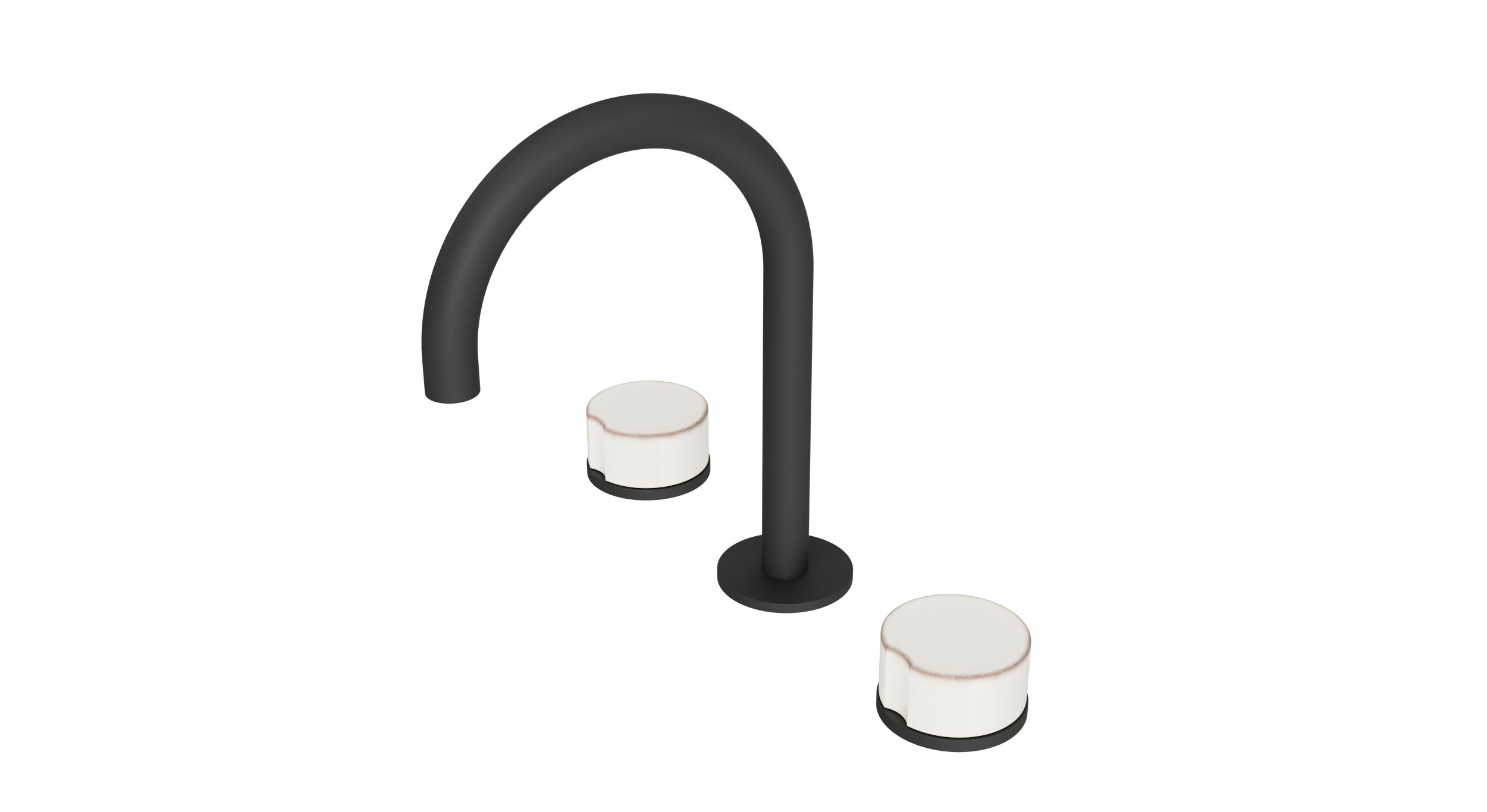 Foundry Two Handle Deck Mount Gooseneck Lavatory Faucet with Groove Ceramic Knob Handles in Matte Black