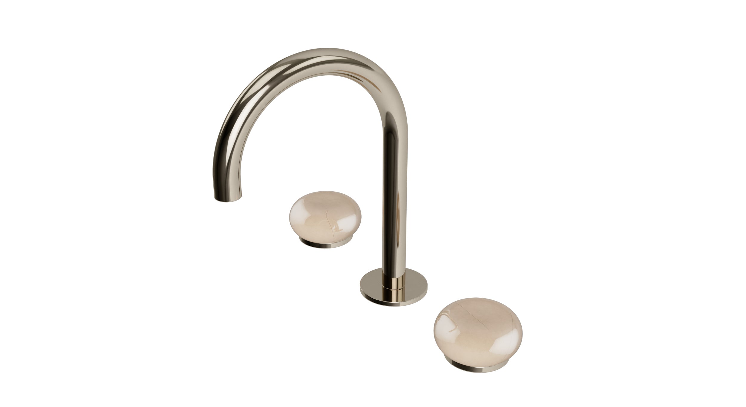 Foundry Two Handle Deck Mount Gooseneck Lavatory Faucet with Pebble Ceramic Knob Handles in Polished Nickel
