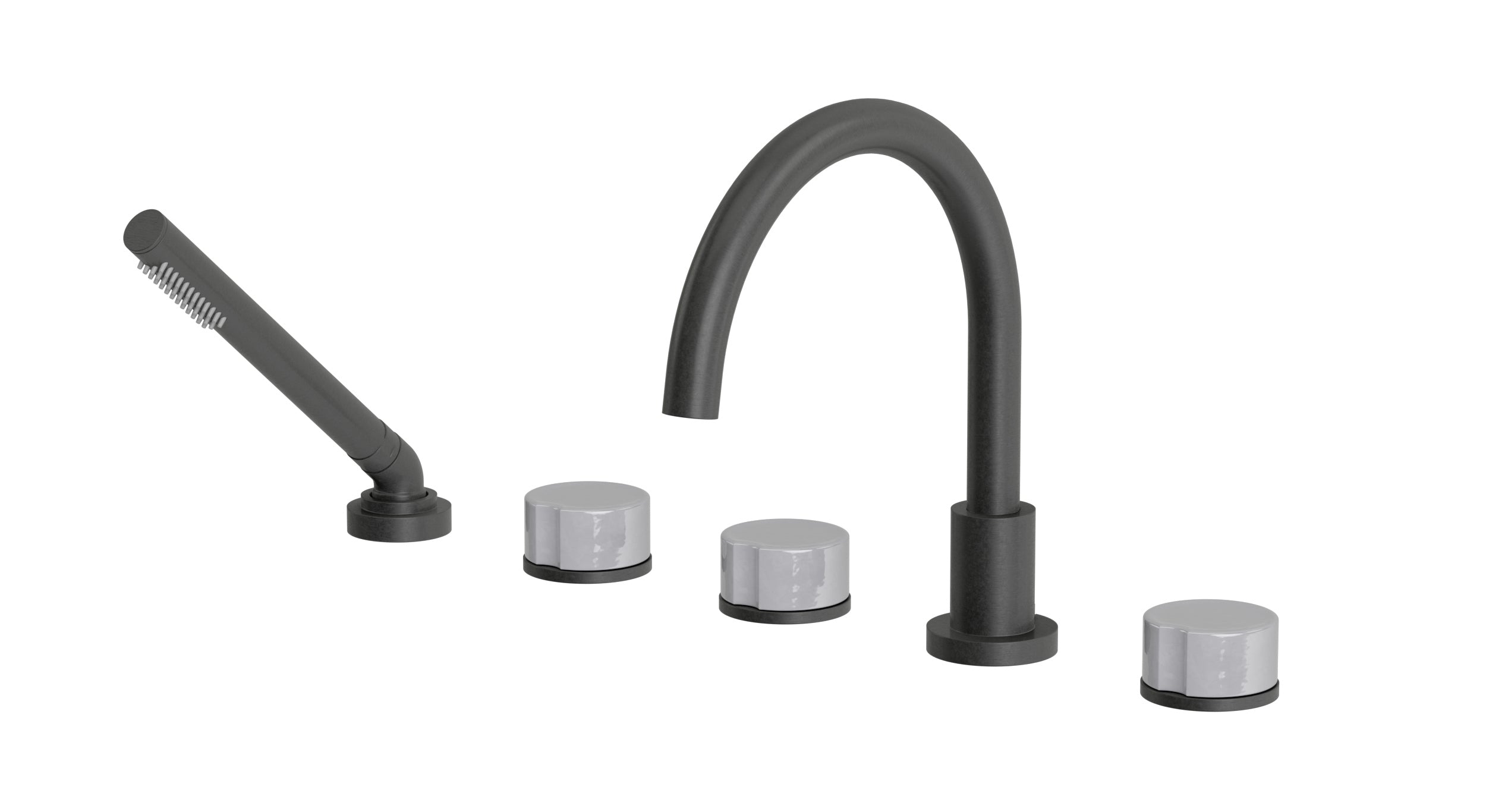 Foundry Three Handle Deck Mount Gooseneck Bath Trim with Hand Shower and Groove Ceramic Knob Handles in Blackened Nickel