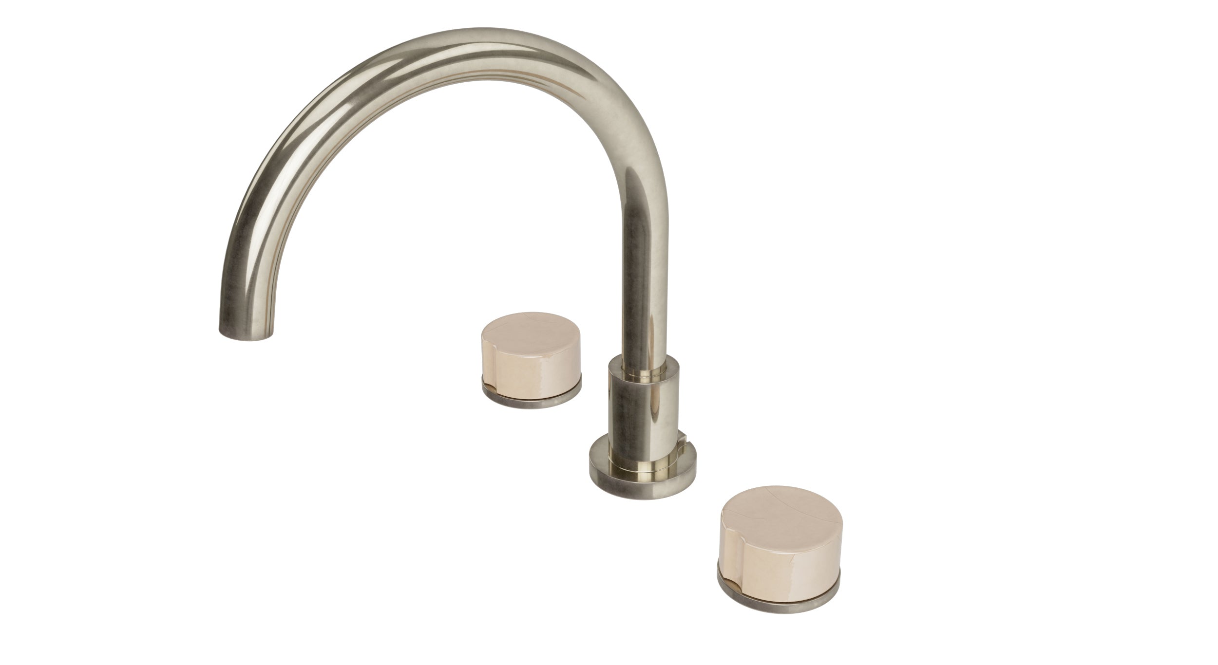 Foundry Two Handle Deck Mount Gooseneck Bath Trim with Groove Ceramic Knob Handles in French Nickel