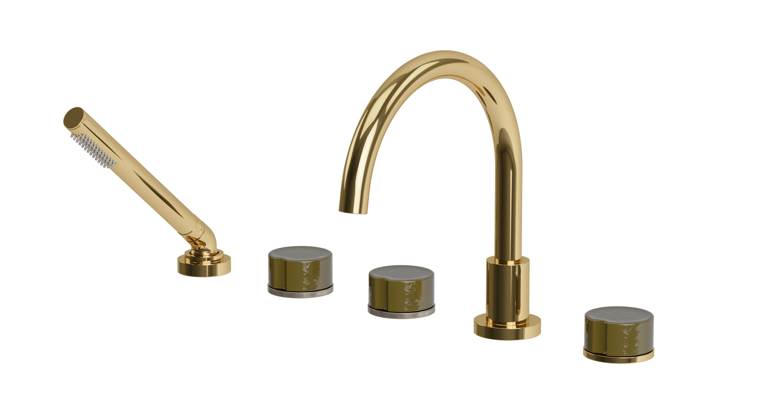 Foundry Three Handle Deck Mount Gooseneck Bath Trim with Hand Shower and Groove Ceramic Knob Handles in Polished Brass