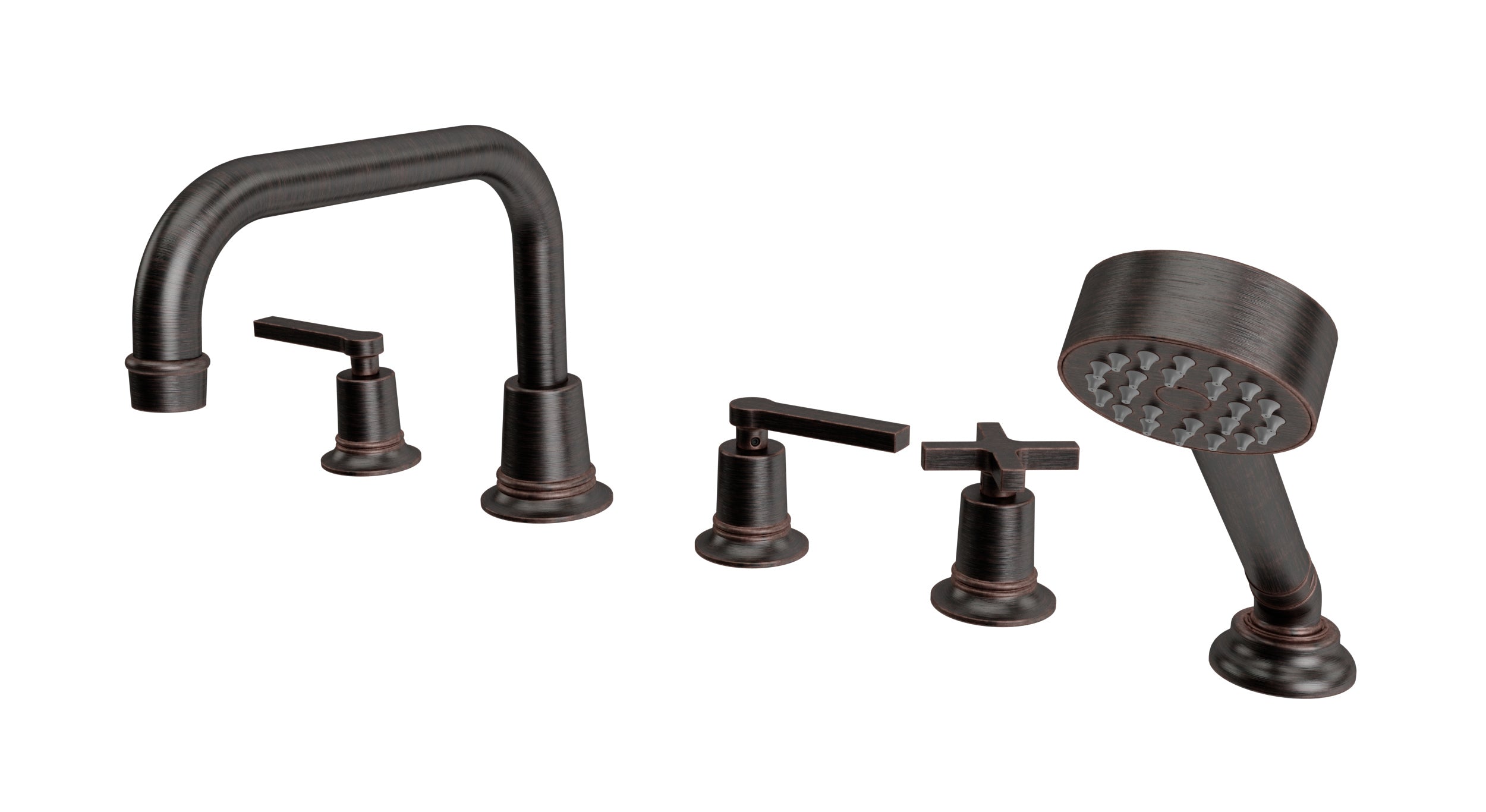 Emerson Three Handle Deck Mount Squaretop Bath Trim with Hand Shower and Classic Cross/Classic Lever Handles in Antique Bronze