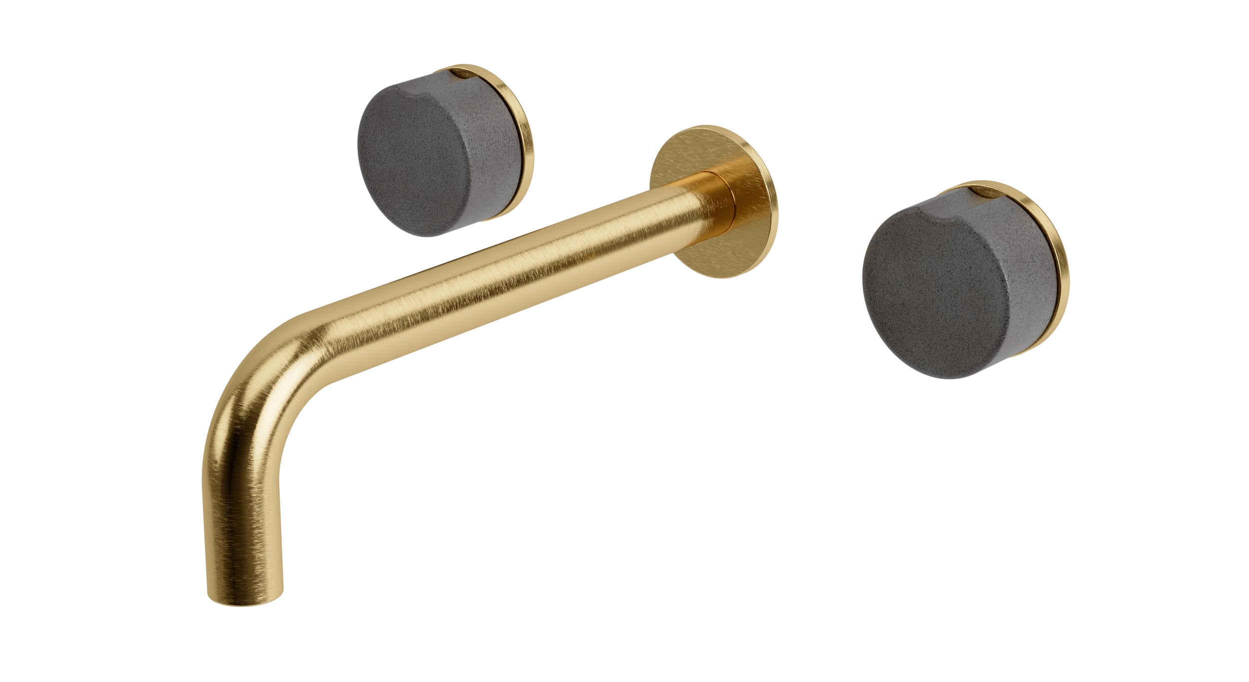 Foundry Two Handle Wall Mount 7.5" Lavatory Faucet with Groove Ceramic Knob Handles in Satin Brass