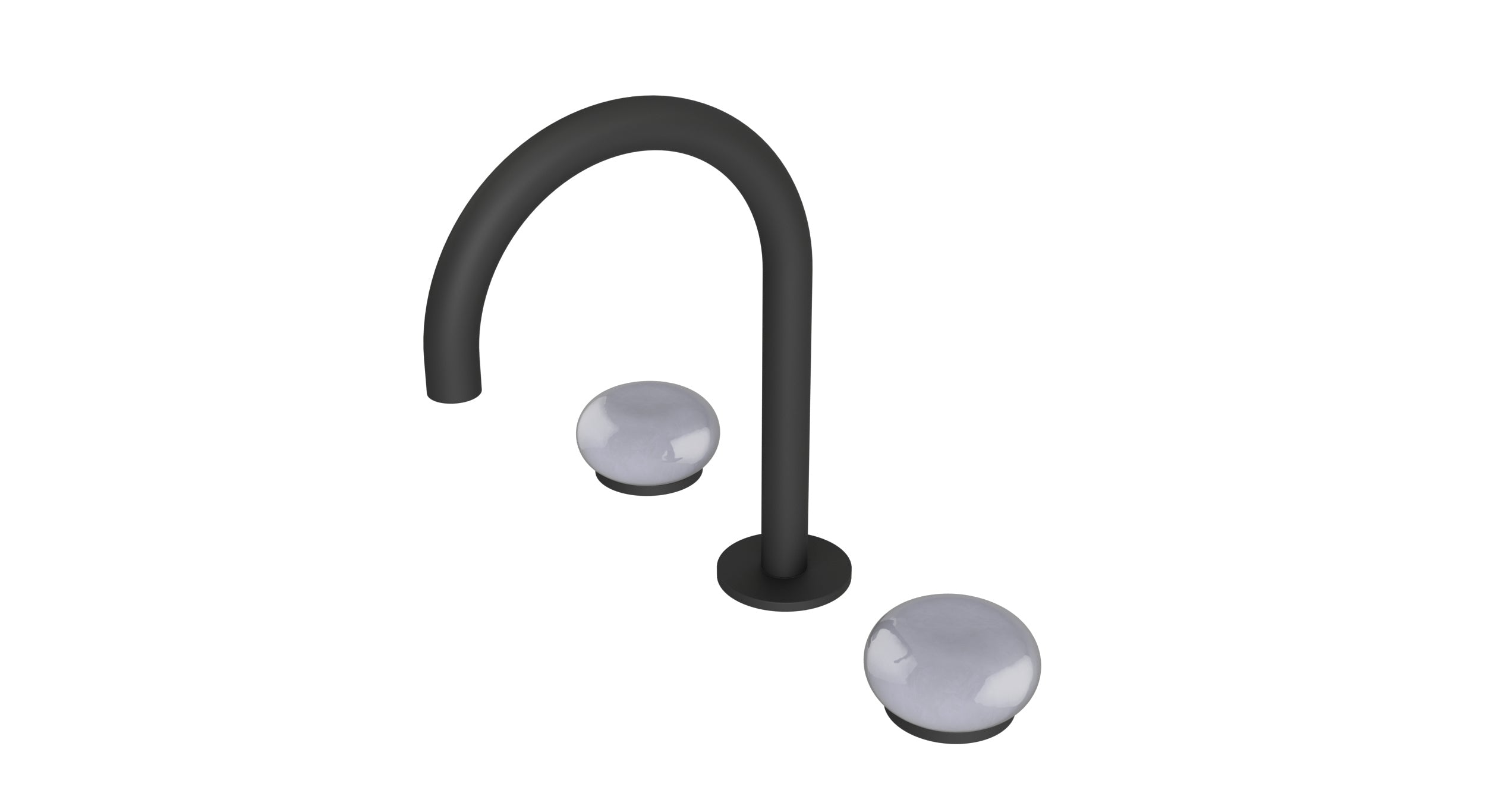 Foundry Two Handle Deck Mount Gooseneck Lavatory Faucet with Pebble Ceramic Knob Handles in Matte Black