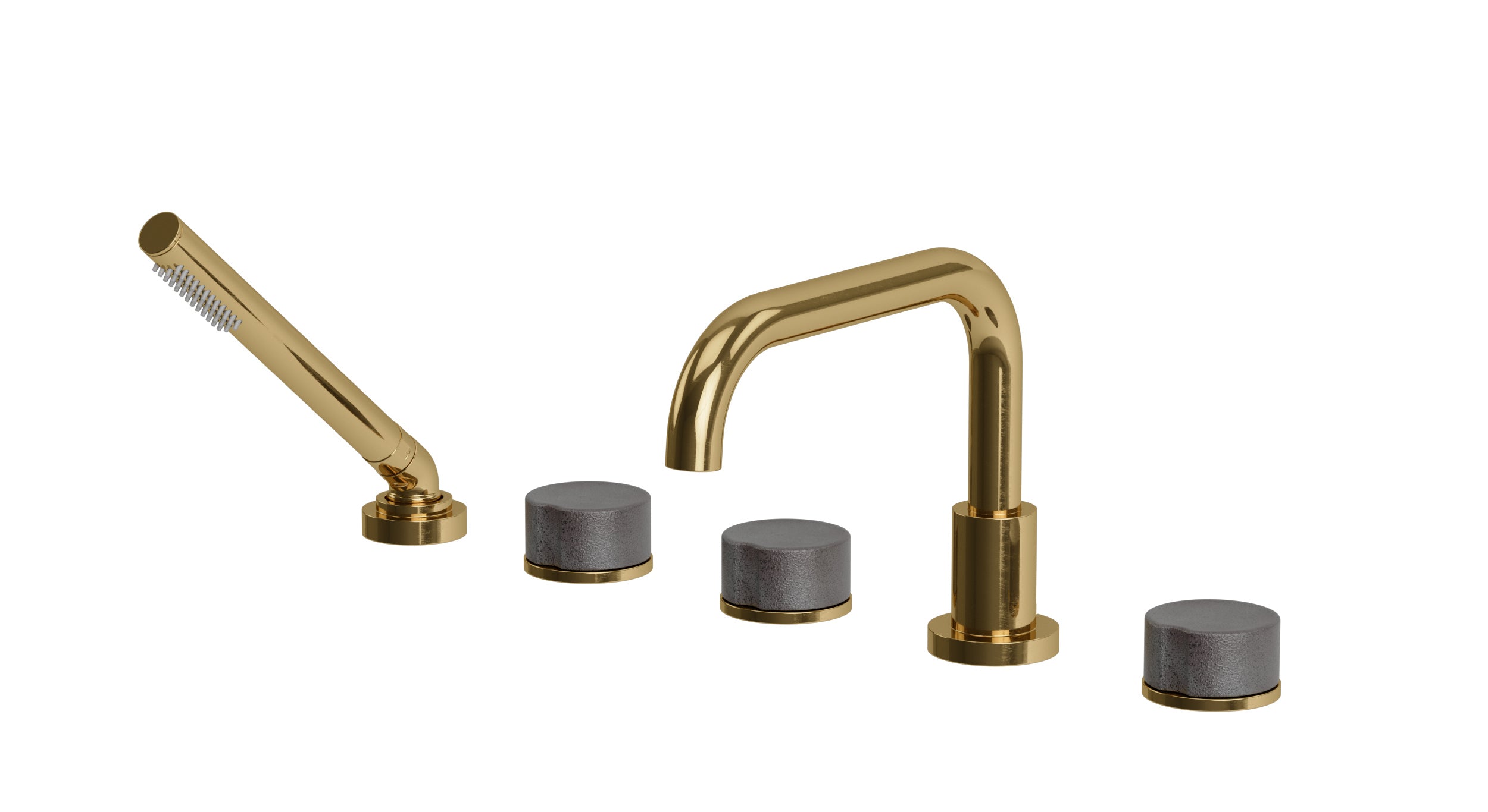 Foundry Three Handle Deck Mount Squaretop Bath Trim with Hand Shower and Groove Ceramic Knob Handles in Uncoated Polished Brass