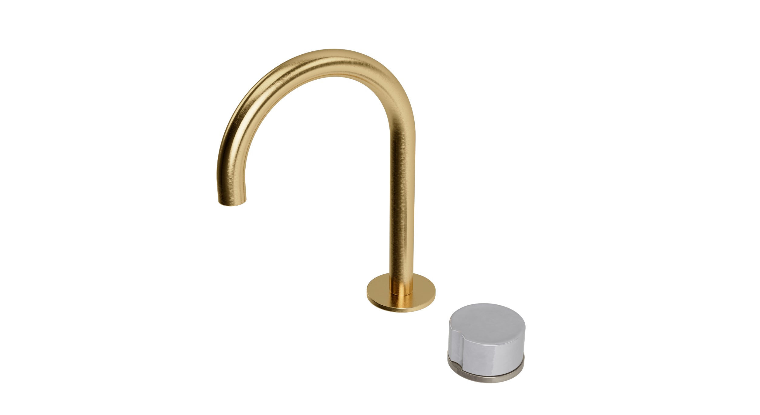 Foundry One Handle Deck Mount Gooseneck Lavatory Faucet with Groove Ceramic Knob Handle in Satin Brass