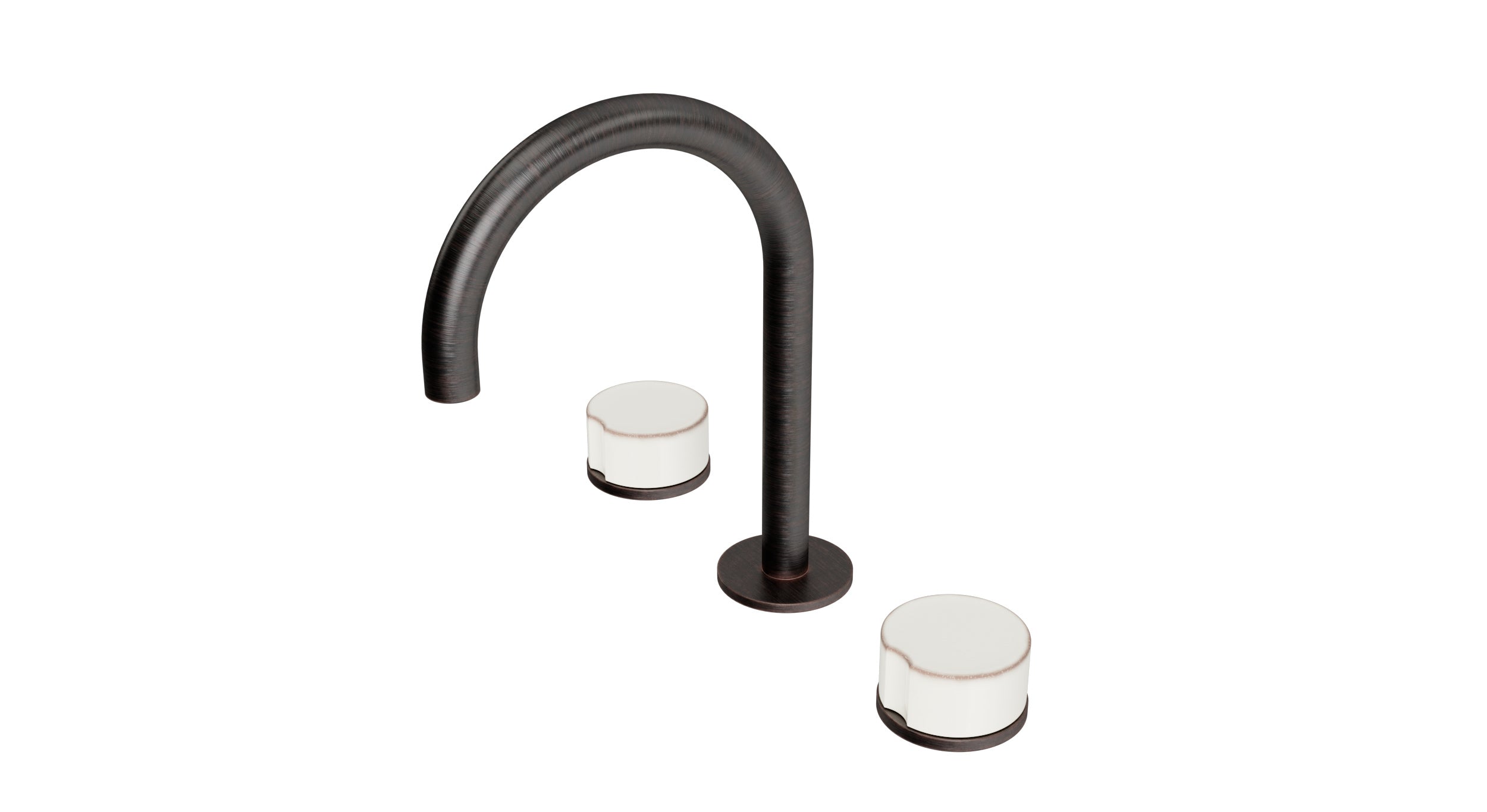 Foundry Two Handle Deck Mount Gooseneck Lavatory Faucet with Groove Ceramic Knob Handles in Antique Bronze