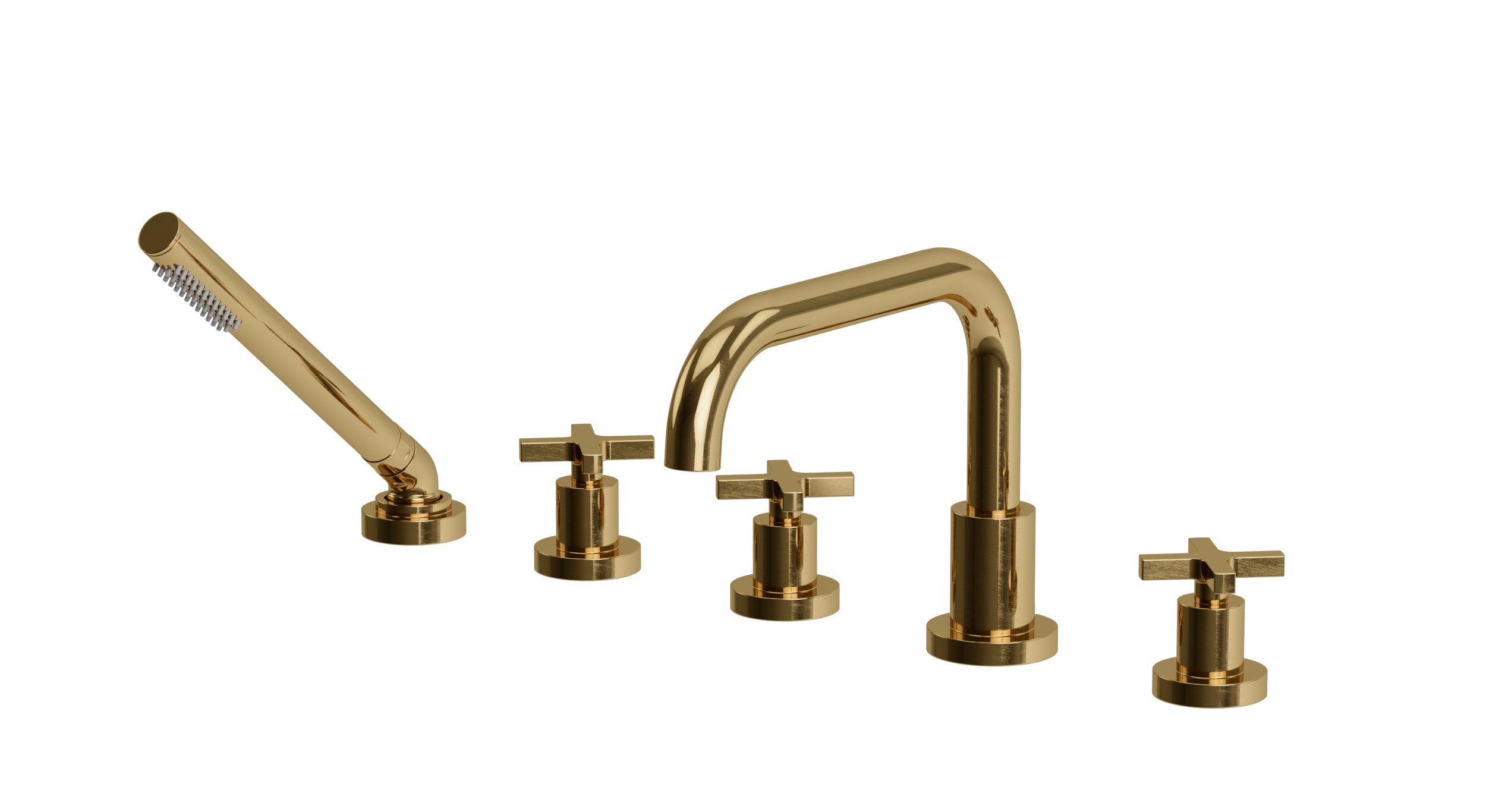 Flatiron Three Handle Deck Mount Squaretop Bath Trim with Hand Shower and Linear Cross Handles in Uncoated Polished Brass