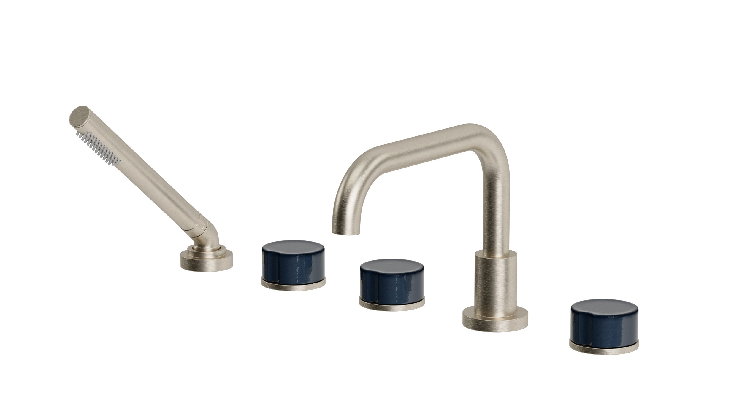 Foundry Three Handle Deck Mount Squaretop Bath Trim with Hand Shower and Groove Ceramic Knob Handles in Satin Nickel