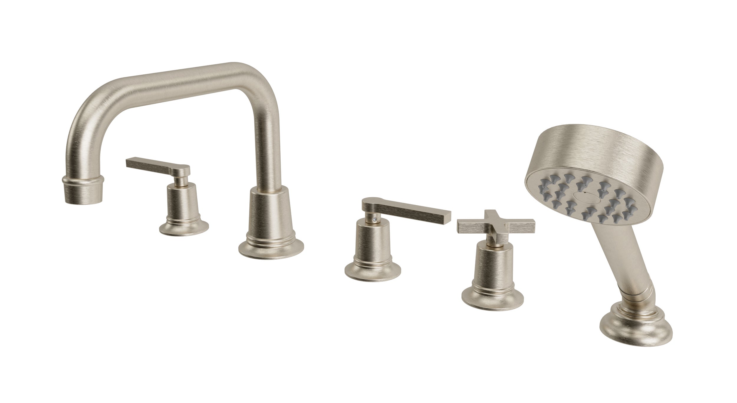 Emerson Three Handle Deck Mount Squaretop Bath Trim with Hand Shower and Classic Cross/Classic Lever Handles in Satin Nickel