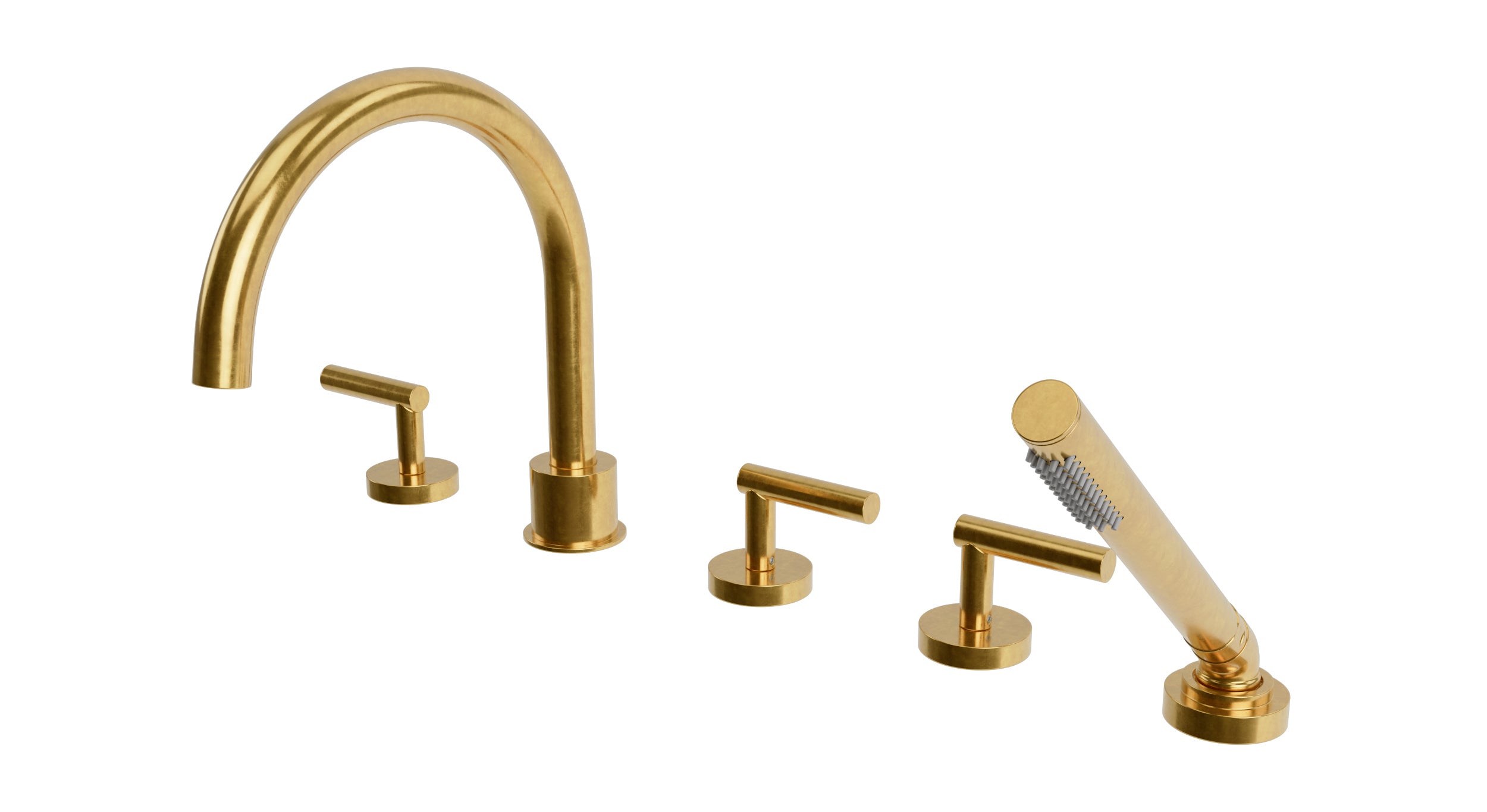 Contour Three Handle Deck Mount Gooseneck Bath Trim with Hand Shower and Soft Lever Handles in French Brass