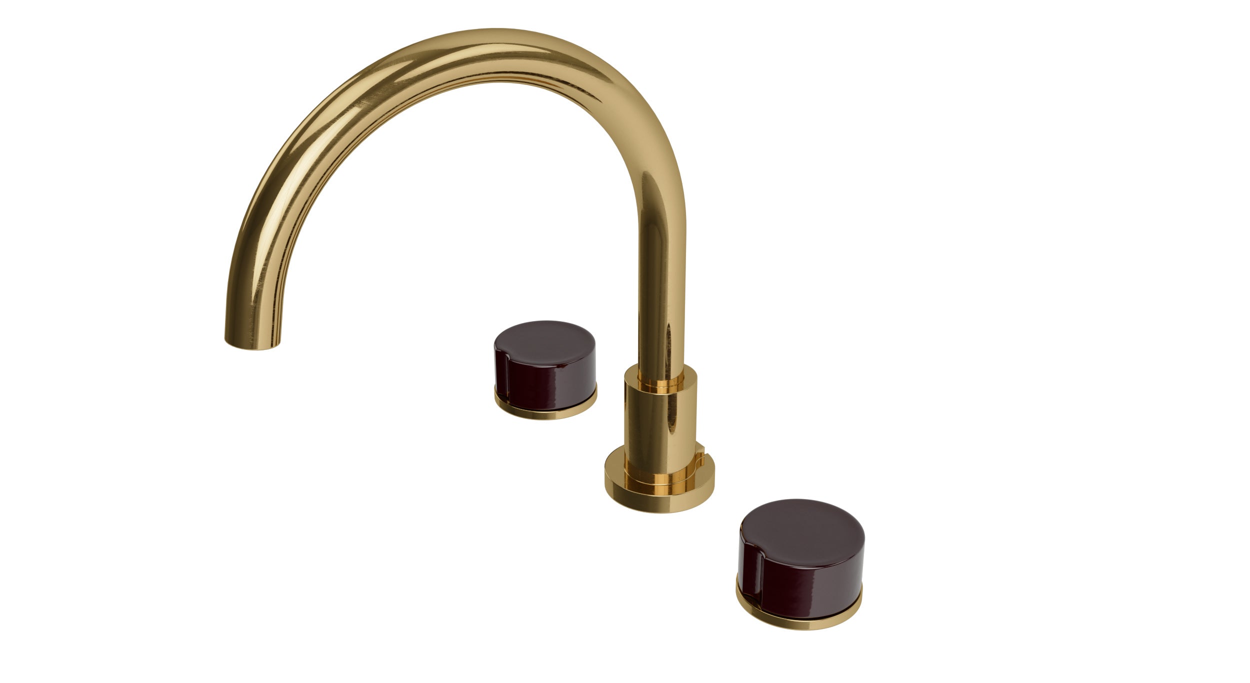 Foundry Two Handle Deck Mount Gooseneck Bath Trim with Groove Ceramic Knob Handles in Uncoated Polished Brass