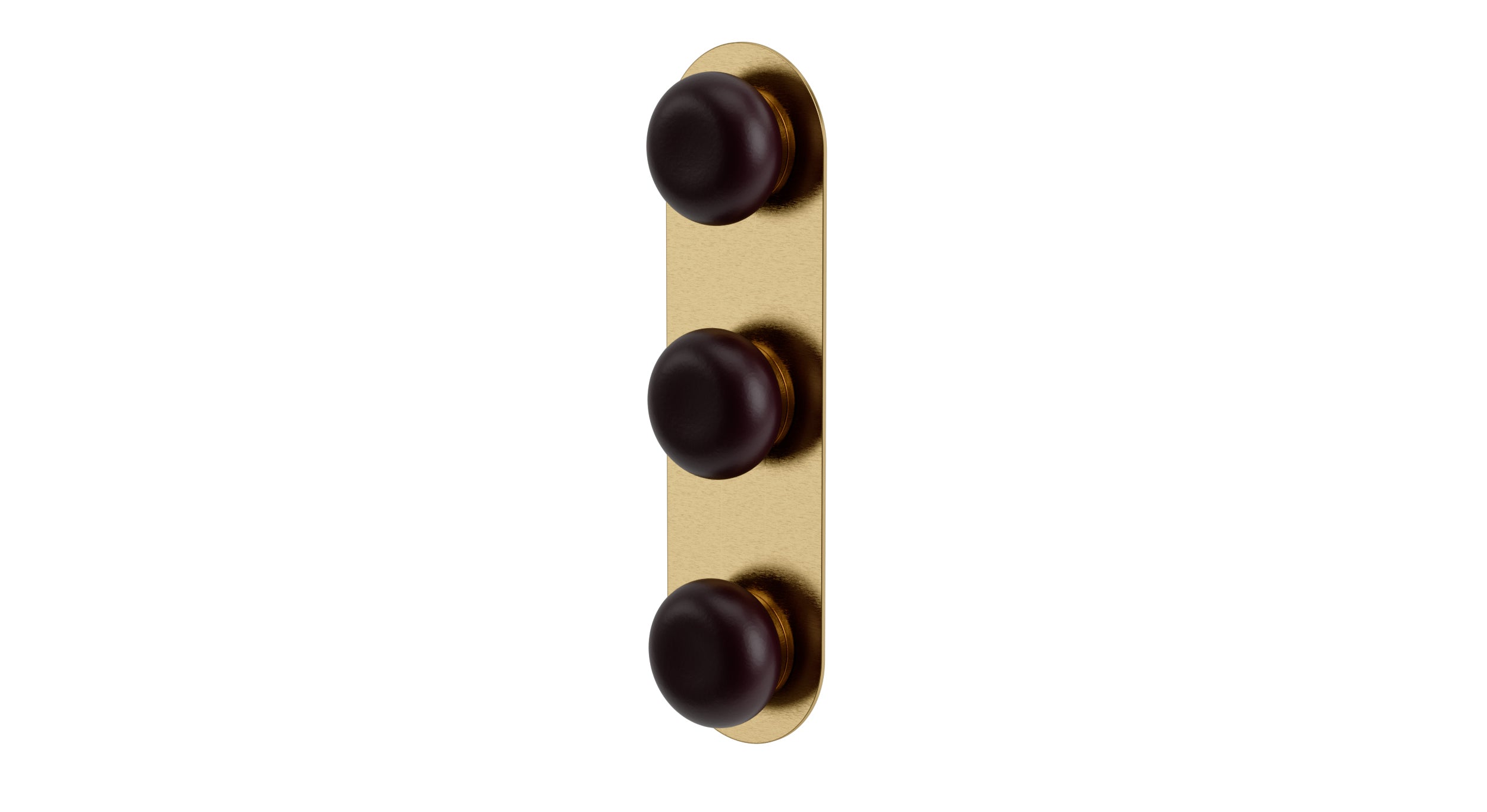 Foundry Three Handle Wall Mount Shower Trim with Pebble Ceramic Knob Handles in Satin Brass