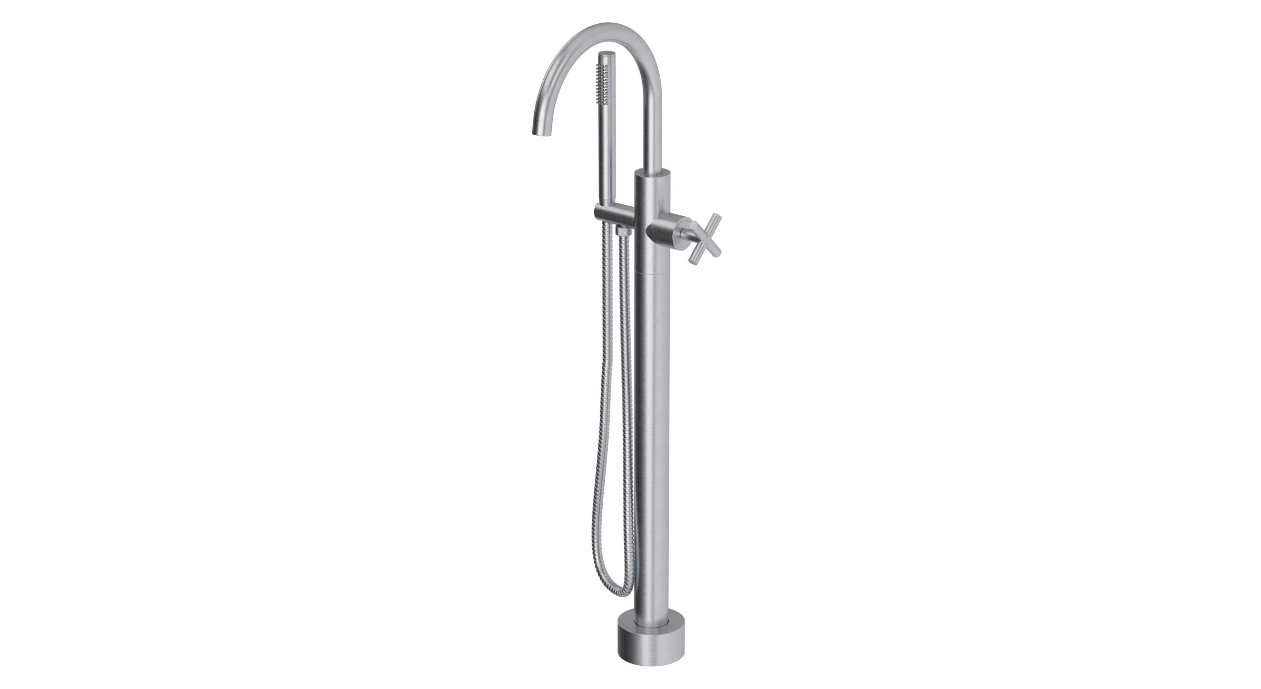 Contour One Handle Floor Mount Gooseneck Bath Trim with Hand Shower and Soft Cross Handle in Satin Chrome