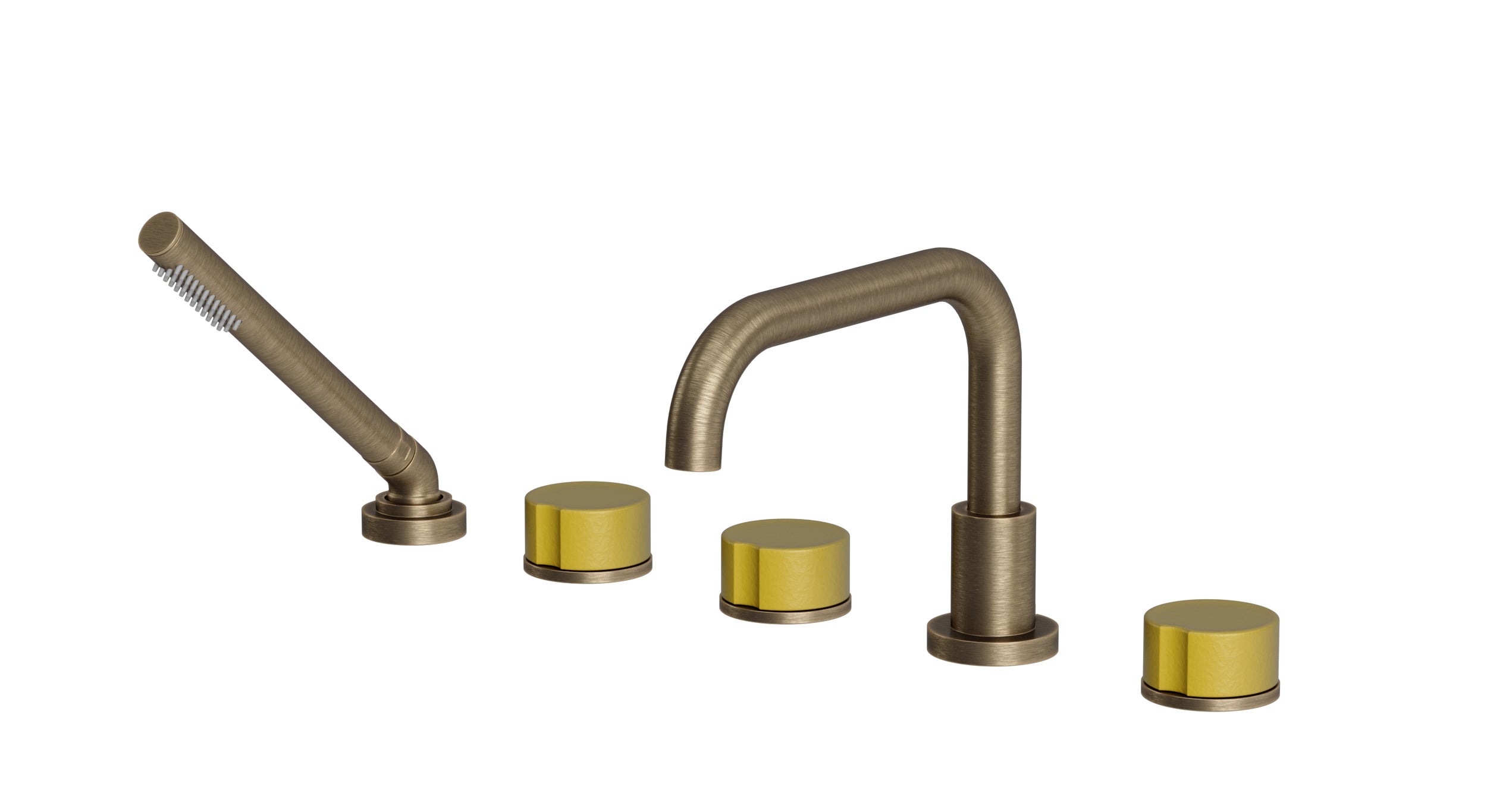 Foundry Three Handle Deck Mount Squaretop Bath Trim with Hand Shower and Groove Ceramic Knob Handles in Antique Brass