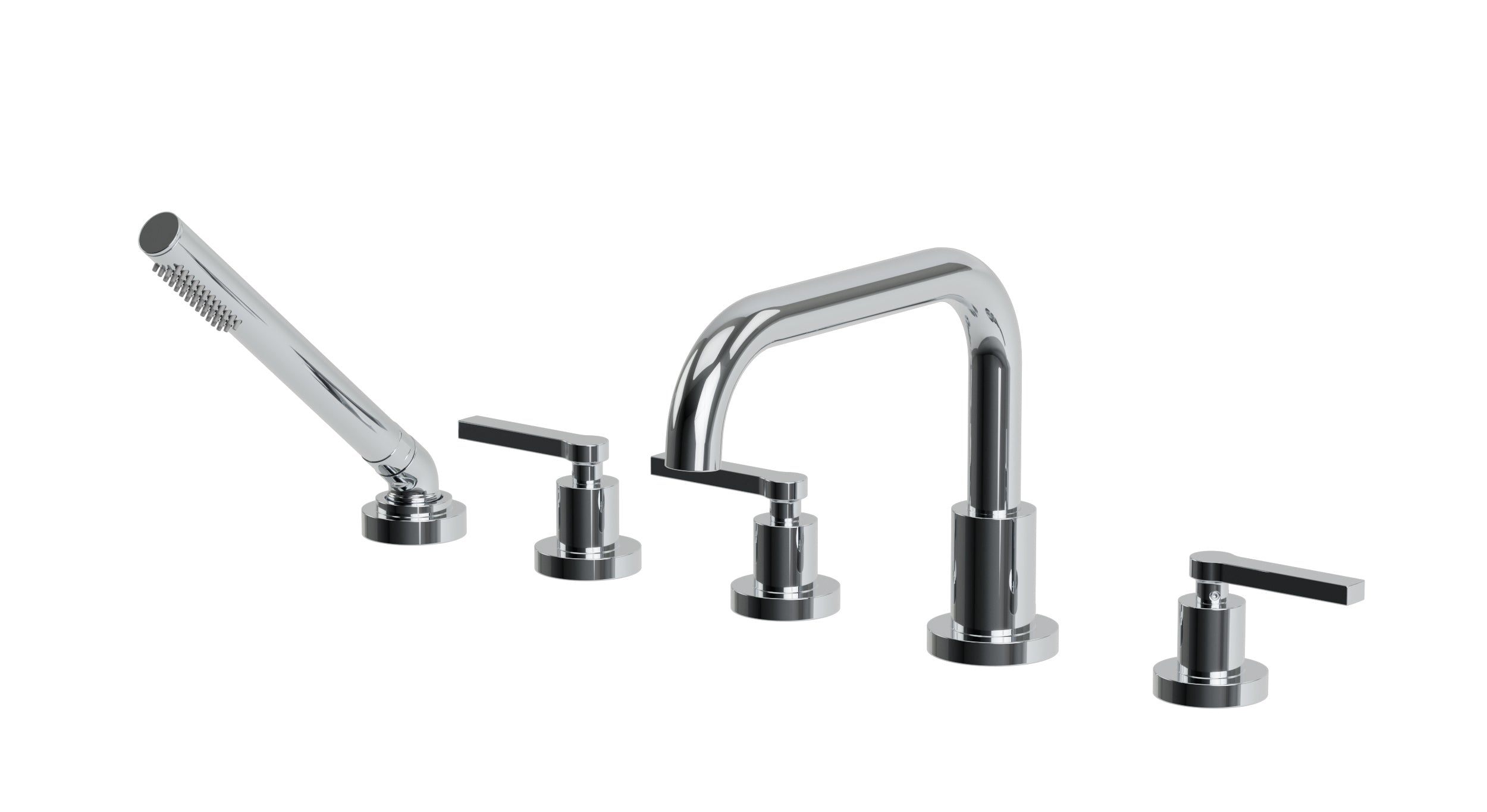 Flatiron Three Handle Deck Mount Squaretop Bath Trim with Hand Shower and Linear Lever Handles