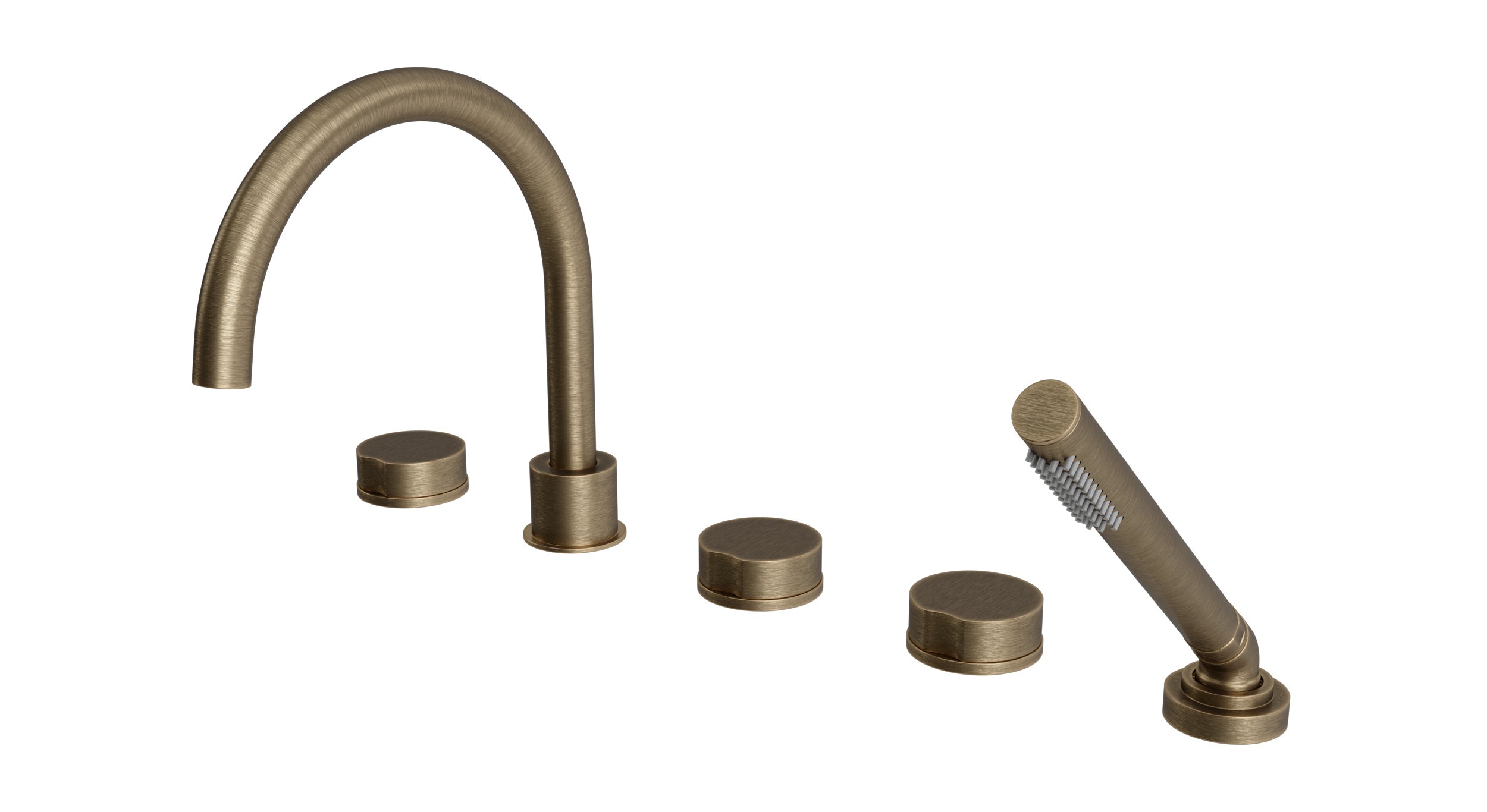 Foundry Three Handle Deck Mount Gooseneck Bath Trim with Hand Shower and Circle Knob Handles in Antique Brass
