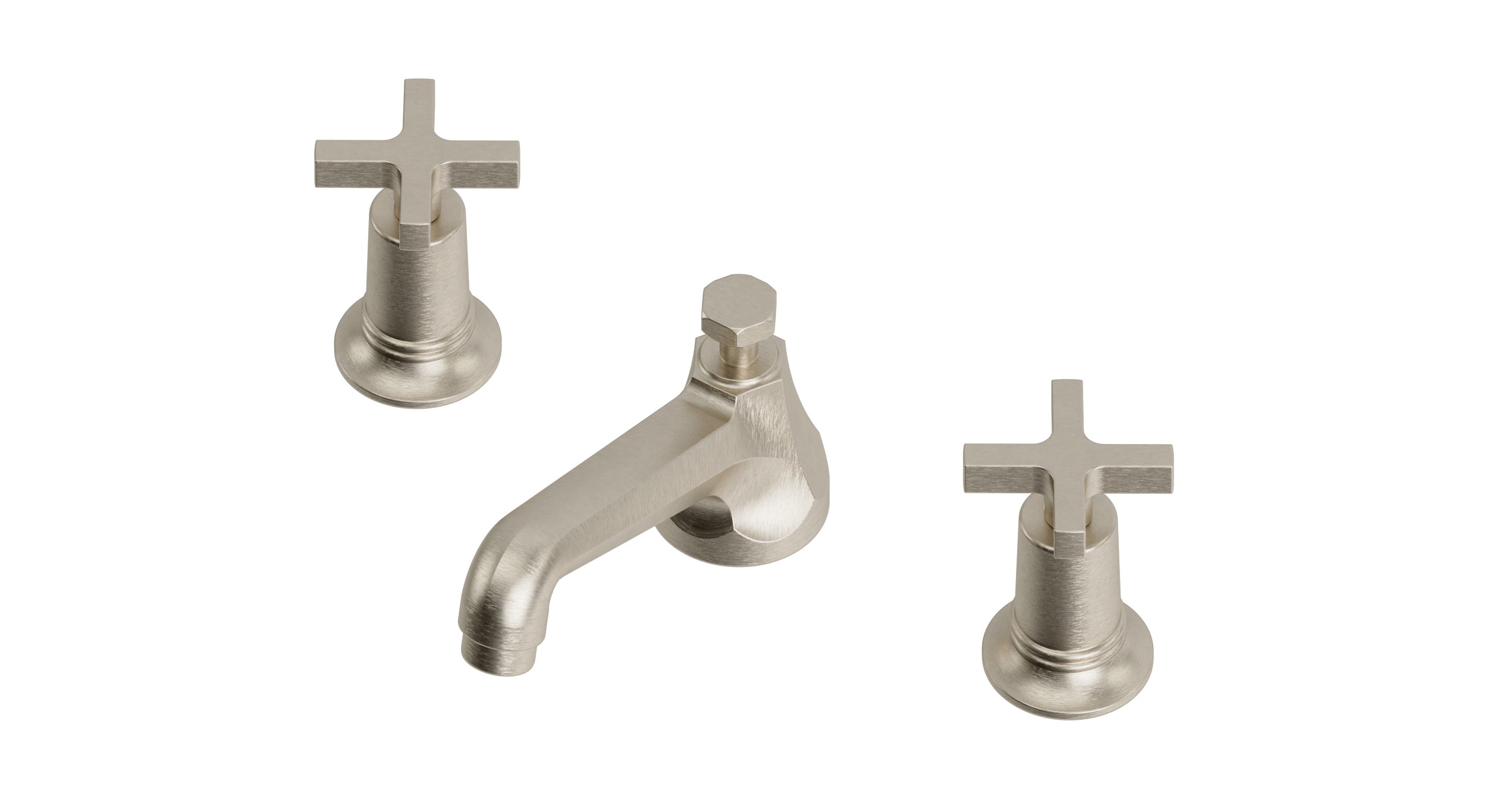 Emerson Two Handle Deck Mount Low Hexagon Lavatory Faucet with Classic Cross Handles in Satin Nickel
