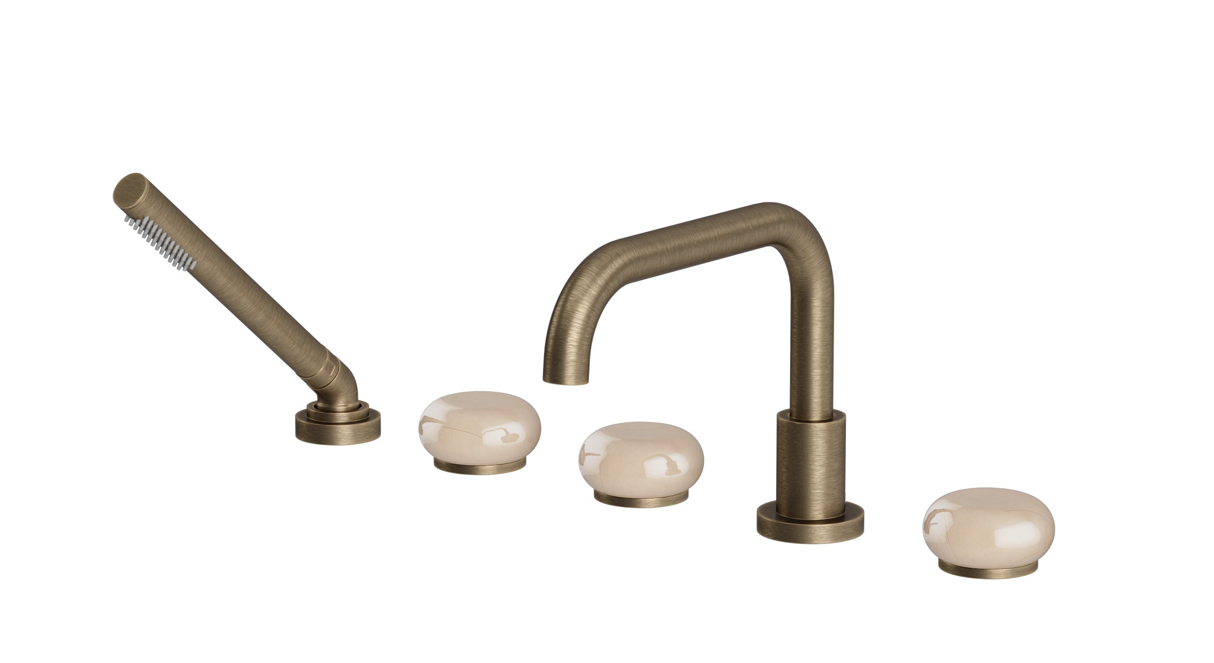 Foundry Three Handle Deck Mount Squaretop Bath Trim with Hand Shower and Pebble Ceramic Knob Handles in Antique Brass