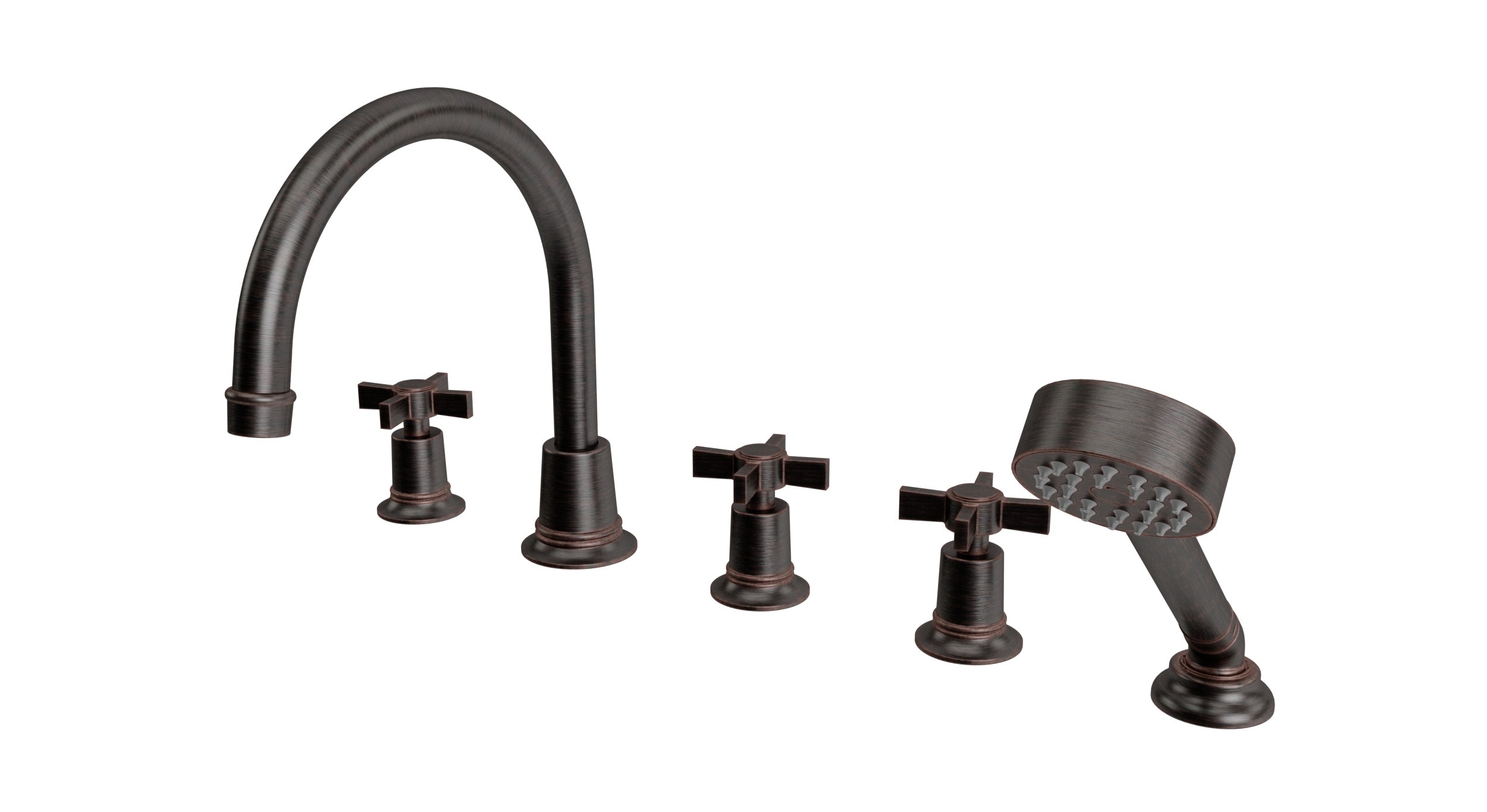 Emerson Three Handle Deck Mount Gooseneck Bath Trim with Hand Shower and Defined Cross Handles in Antique Bronze