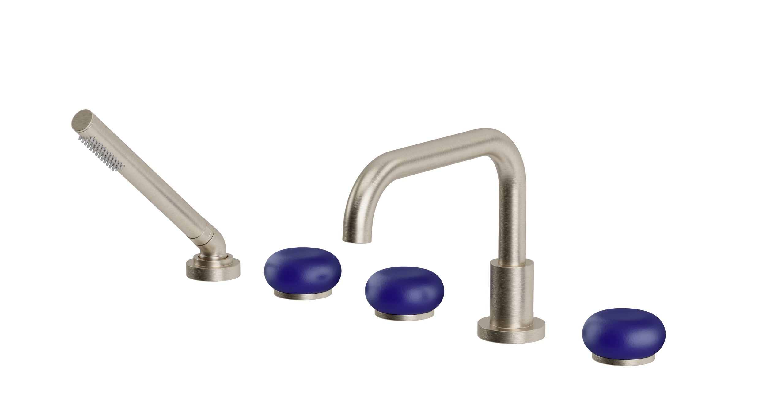 Foundry Three Handle Deck Mount Squaretop Bath Trim with Hand Shower and Pebble Ceramic Knob Handles in Satin Nickel