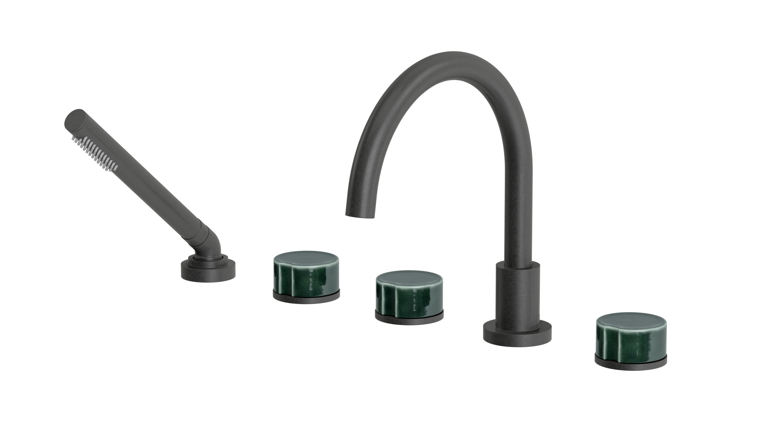 Foundry Three Handle Deck Mount Gooseneck Bath Trim with Hand Shower and Groove Ceramic Knob Handles in Blackened Nickel