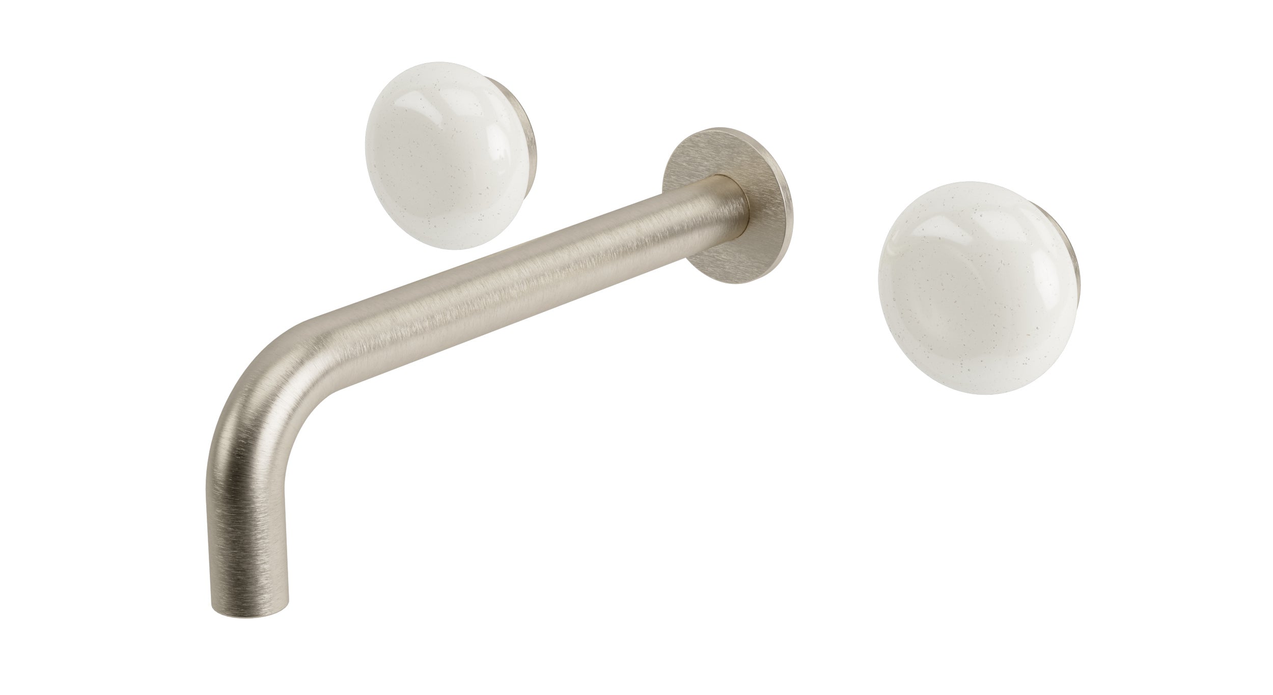 Foundry Two Handle Wall Mount 7.5" Lavatory Faucet with Pebble Ceramic Knob Handles in Satin Nickel