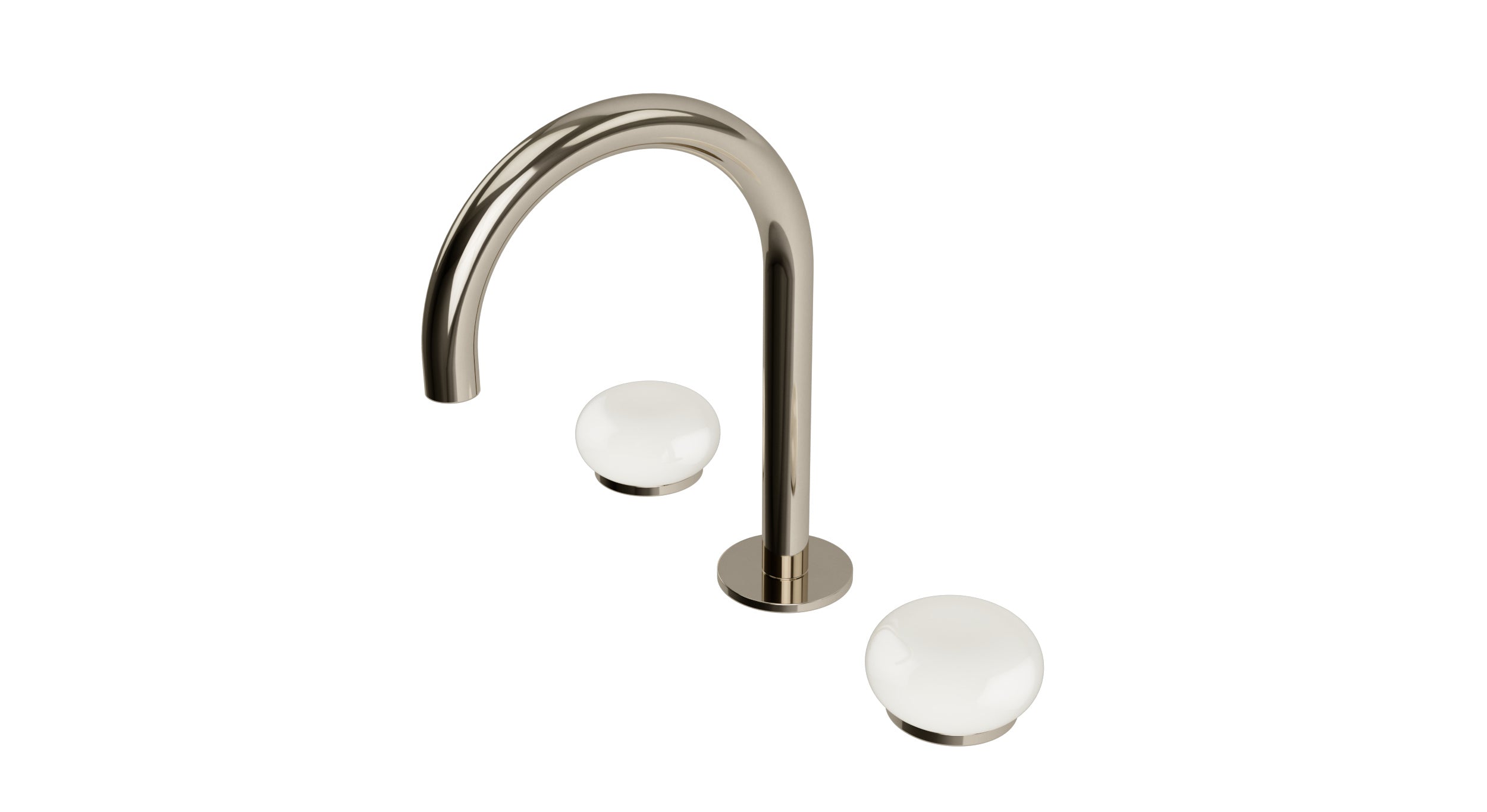 Foundry Two Handle Deck Mount Gooseneck Lavatory Faucet with Pebble Ceramic Knob Handles in Polished Nickel
