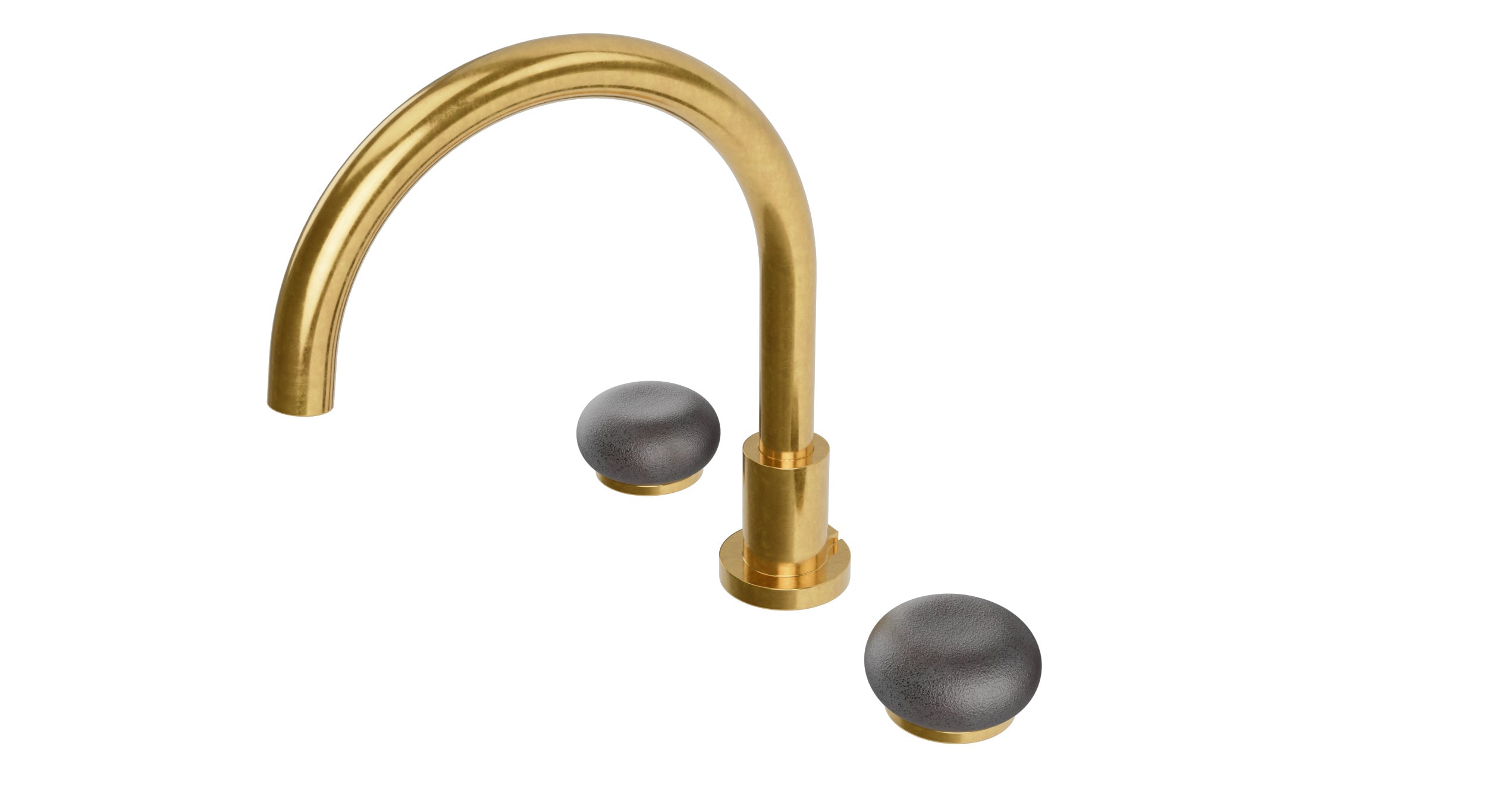 Foundry Two Handle Deck Mount Gooseneck Bath Trim with Pebble Ceramic Knob Handles in French Brass