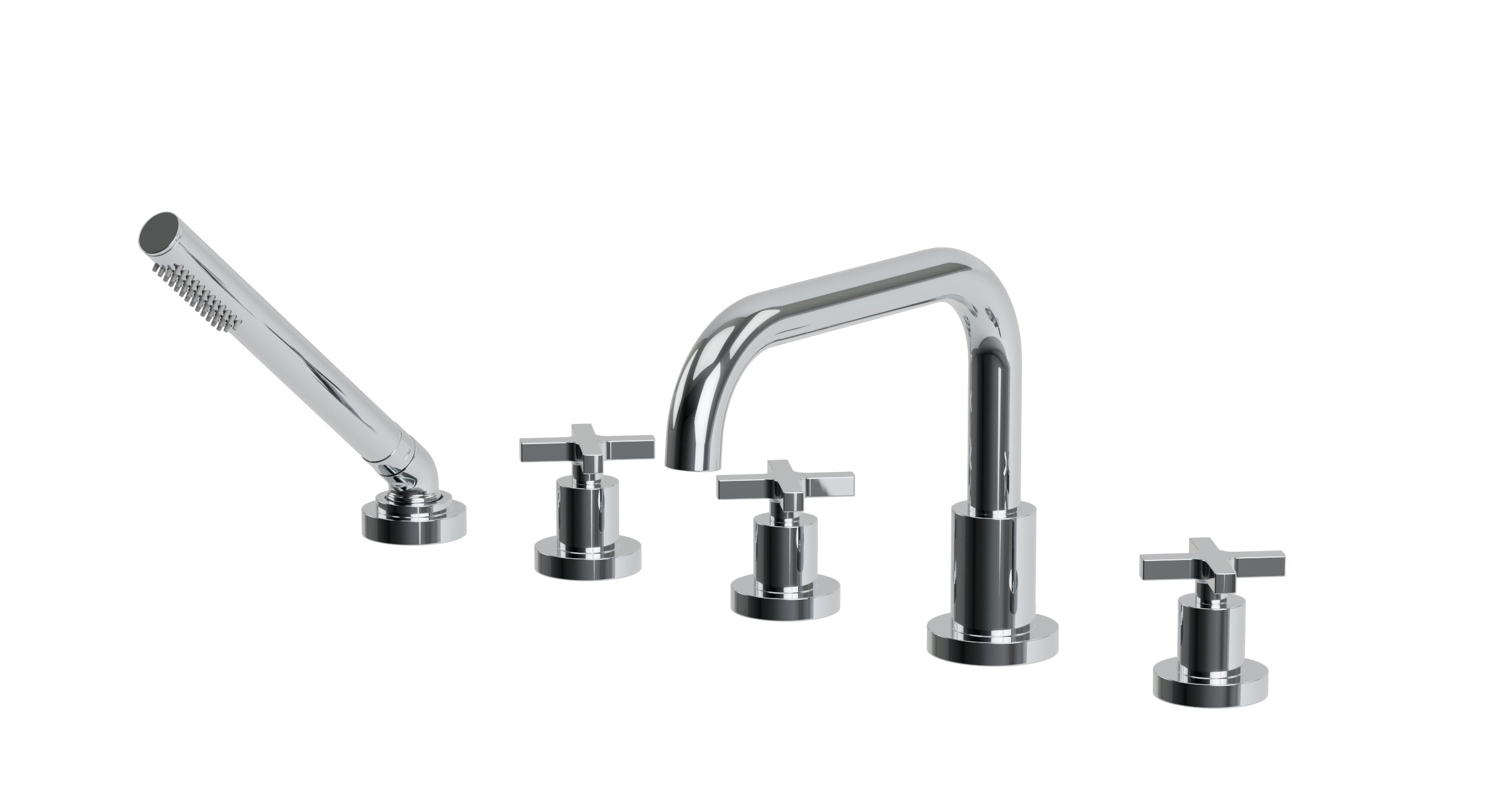 Flatiron Three Handle Deck Mount Squaretop Bath Trim with Hand Shower and Linear Cross Handles