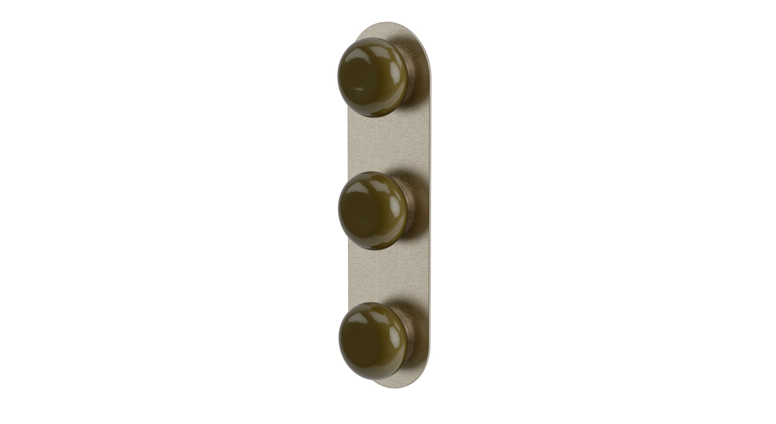 Foundry Three Handle Wall Mount Shower Trim with Pebble Ceramic Knob Handles in Satin Nickel
