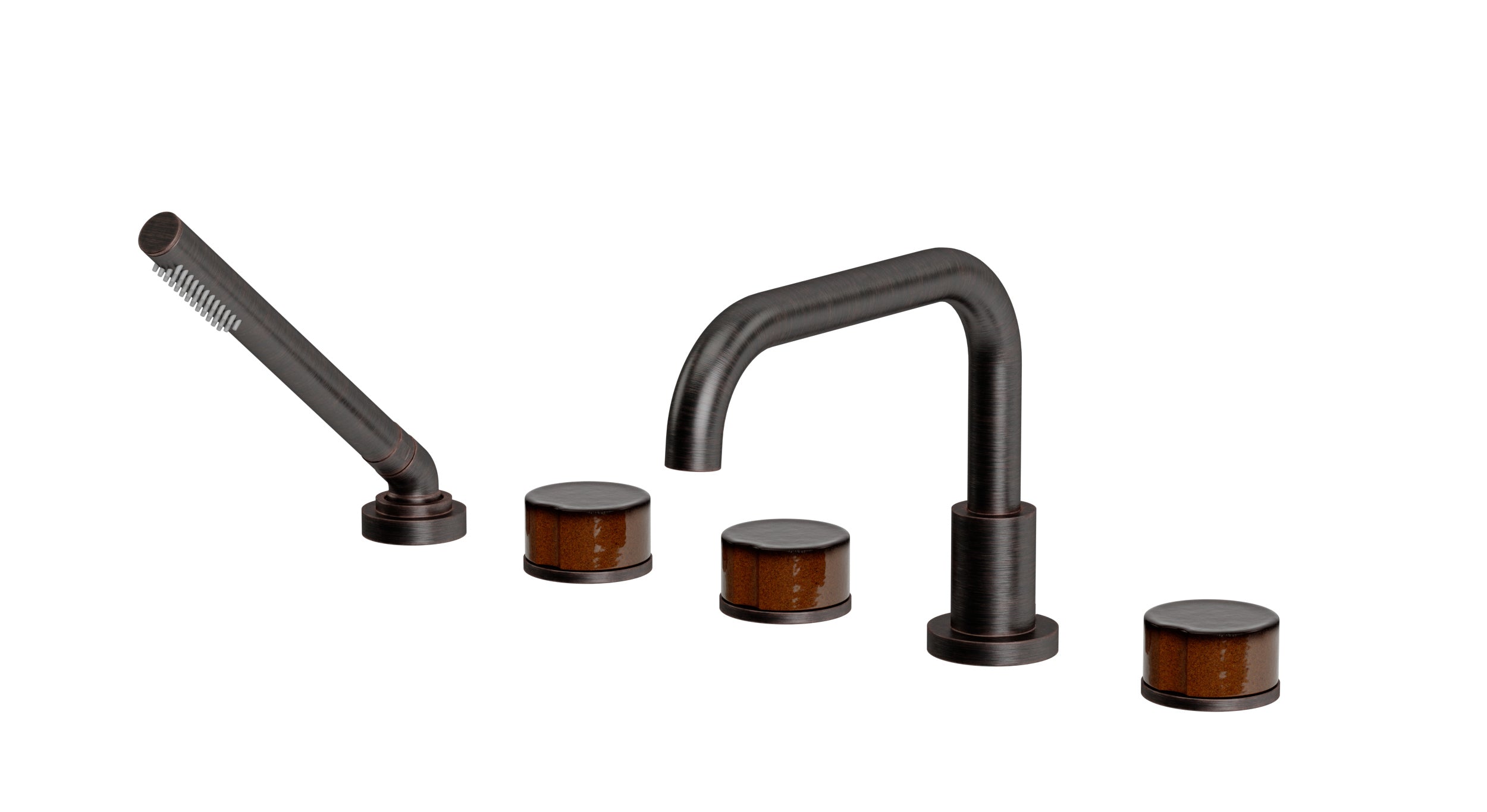 Foundry Three Handle Deck Mount Squaretop Bath Trim with Hand Shower and Groove Ceramic Knob Handles in Antique Bronze