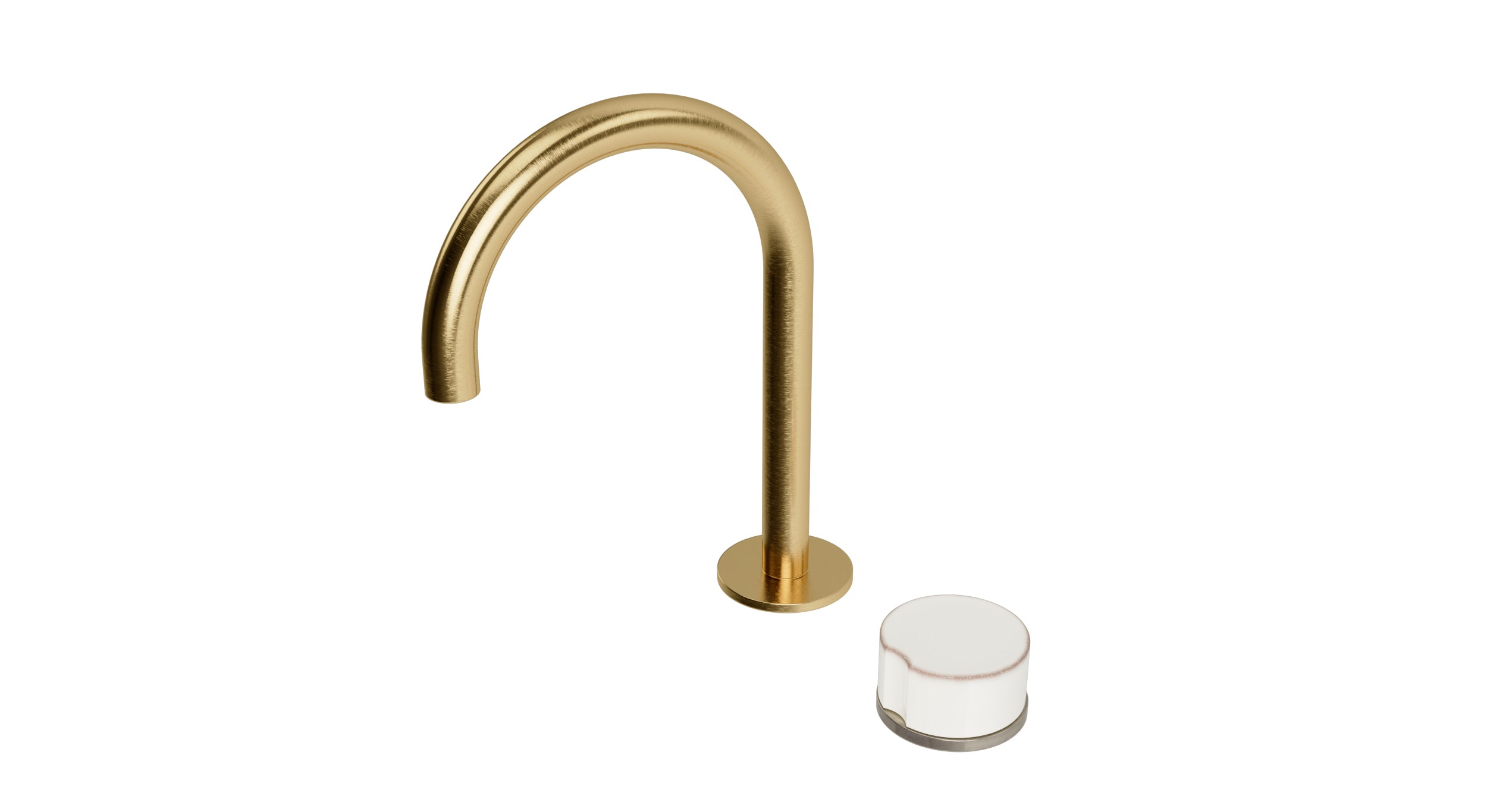 Foundry One Handle Deck Mount Gooseneck Lavatory Faucet with Groove Ceramic Knob Handle in Satin Brass