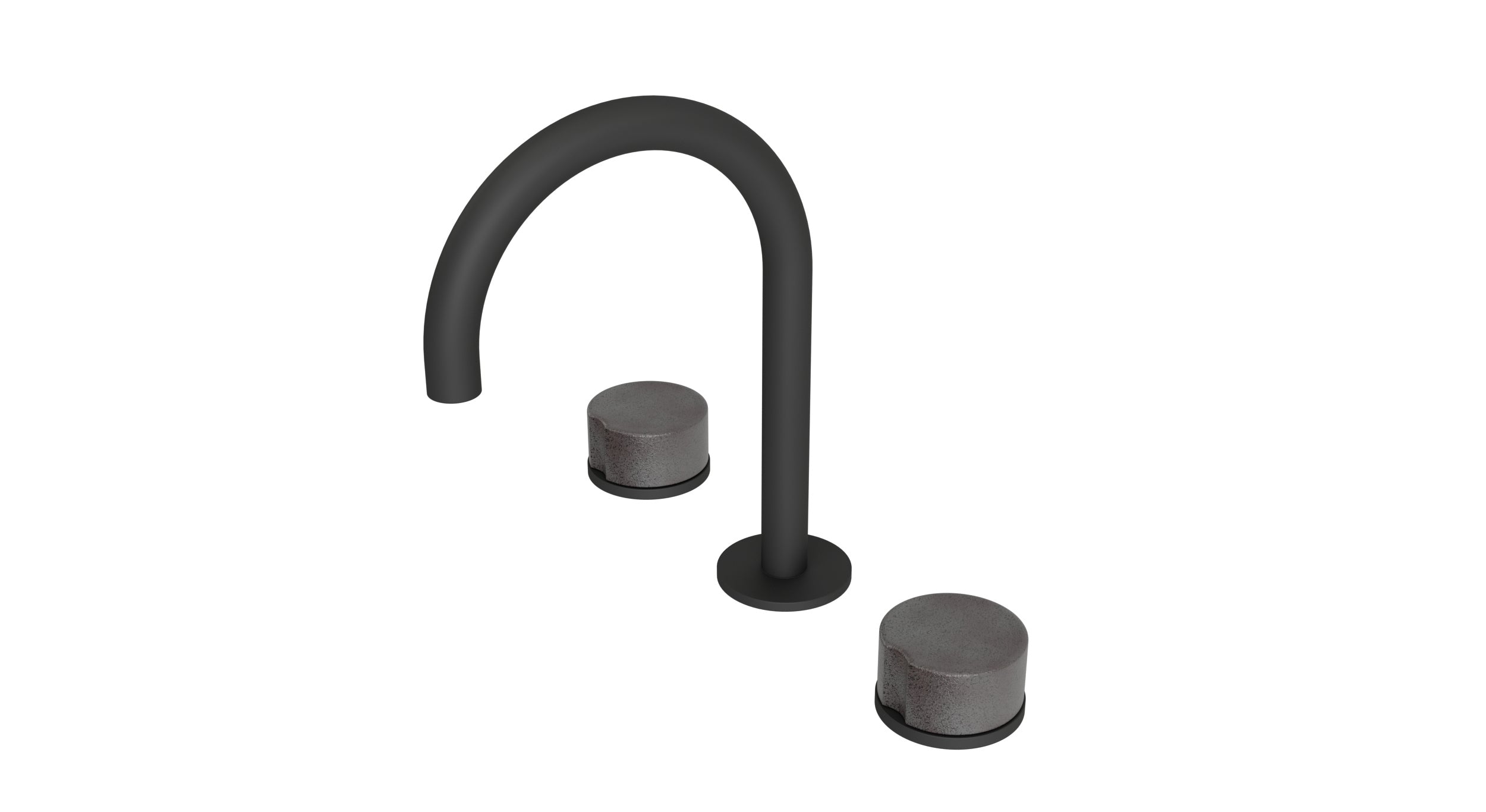 Foundry Two Handle Deck Mount Gooseneck Lavatory Faucet with Groove Ceramic Knob Handles in Matte Black