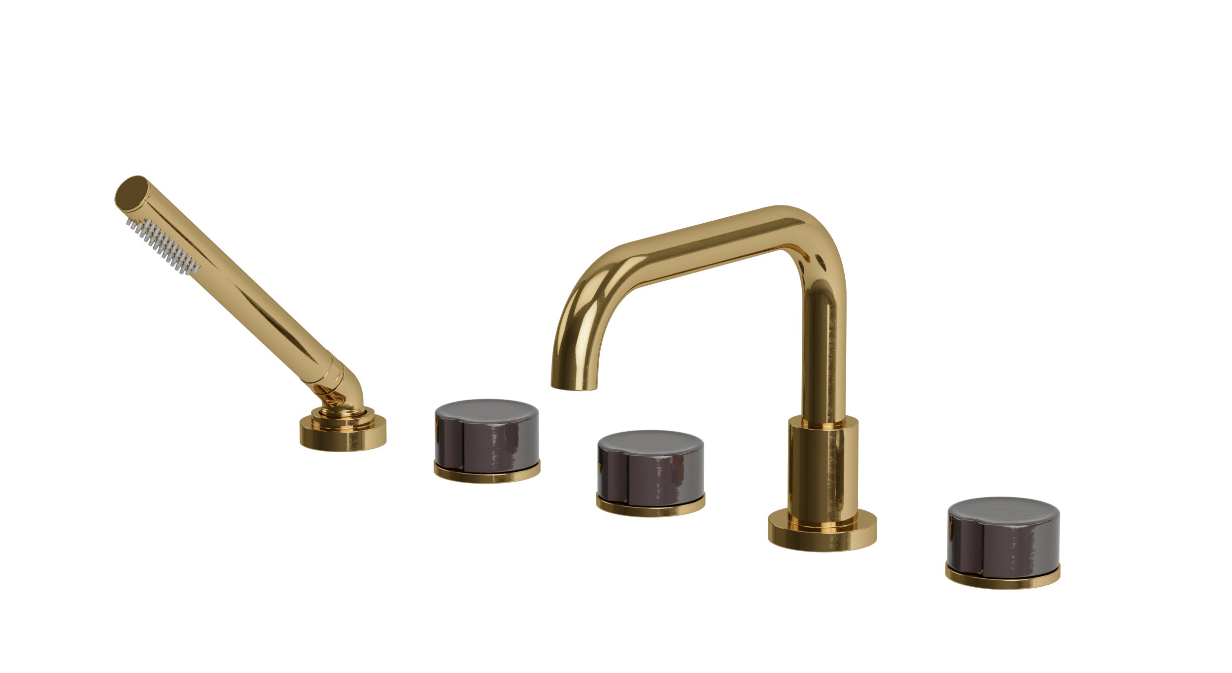 Foundry Three Handle Deck Mount Squaretop Bath Trim with Hand Shower and Groove Ceramic Knob Handles in Uncoated Polished Brass