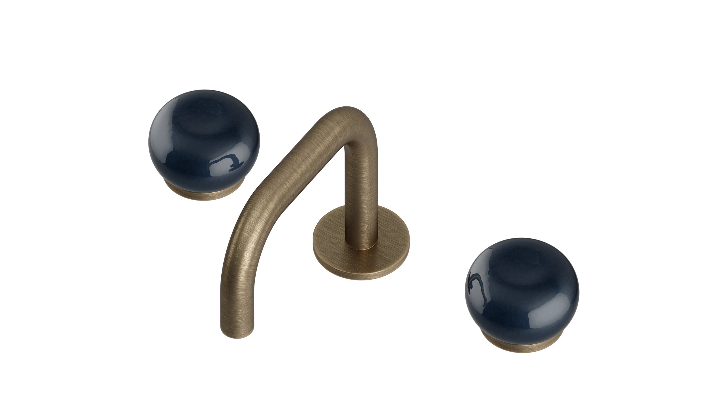 Foundry Two Handle Deck Mount Squaretop Lavatory Faucet with Pebble Ceramic Knob Handles in Antique Brass