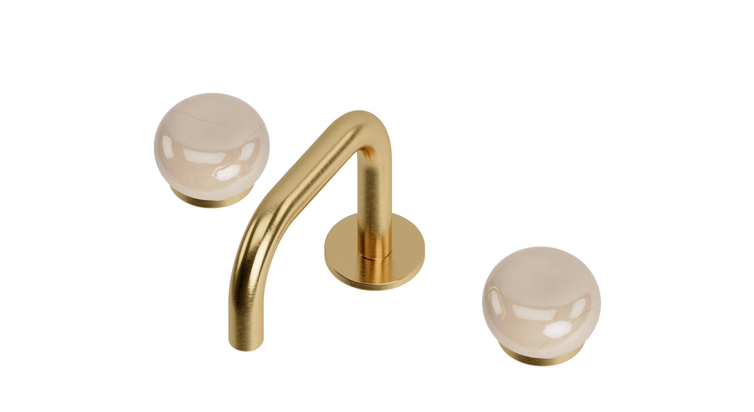 Foundry Two Handle Deck Mount Squaretop Lavatory Faucet with Pebble Ceramic Knob Handles in Satin Brass