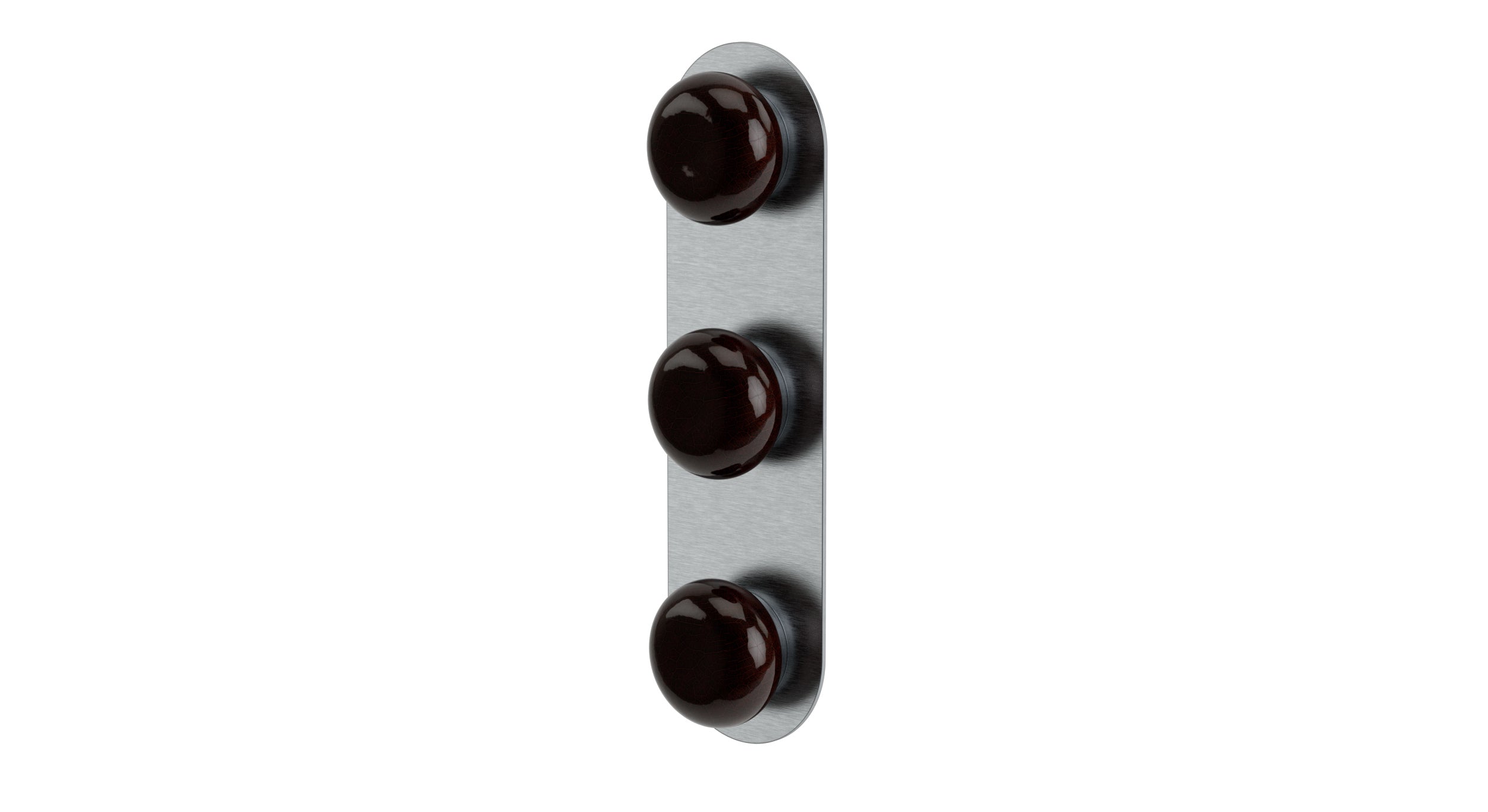 Foundry Three Handle Wall Mount Shower Trim with Pebble Ceramic Knob Handles in Satin Chrome