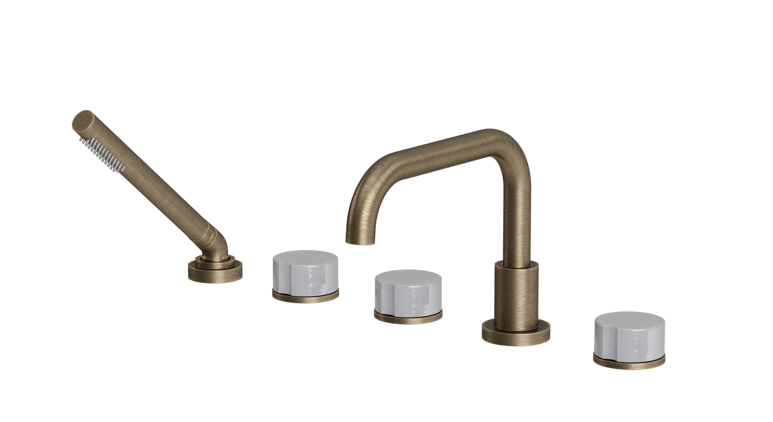 Foundry Three Handle Deck Mount Squaretop Bath Trim with Hand Shower and Groove Ceramic Knob Handles in Antique Brass