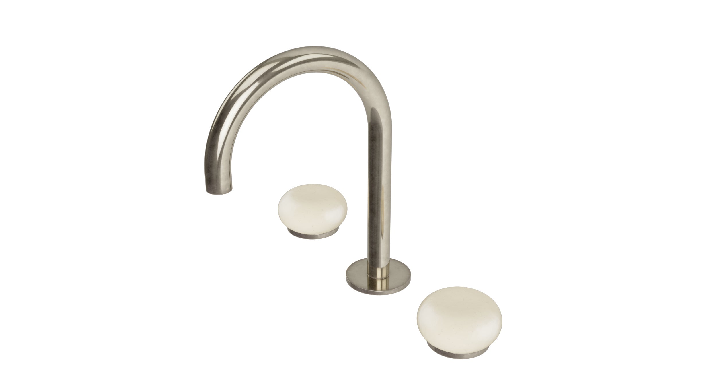 Foundry Two Handle Deck Mount Gooseneck Lavatory Faucet with Pebble Ceramic Knob Handles in French Nickel